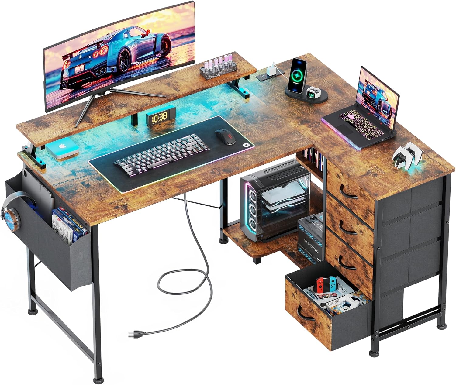 47" Reversible L Shaped Gaming Computer Desk, Corner Desk with Power Outlets & Monitor Stand, Writing Study Table with 4 Storage Drawers, Desk with LED Lights, White - Image 2