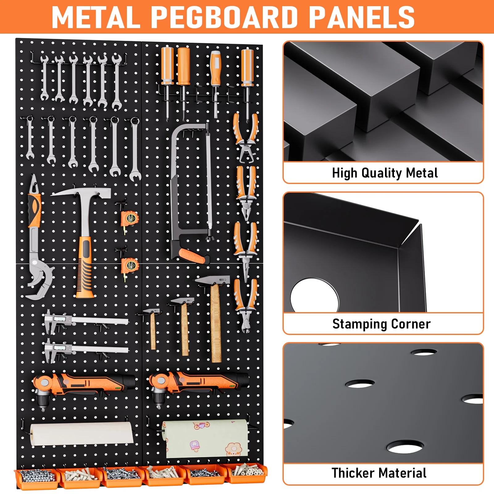 INCLY 48x24 Inch Metal Peg Board Kit with 1/4" Pegboard Hooks Accessories, 160PCS Black Pegboard Wall Organizer Pegboard Panels Tool Organizer Storage System for Garage Workbench Shed - Image 5