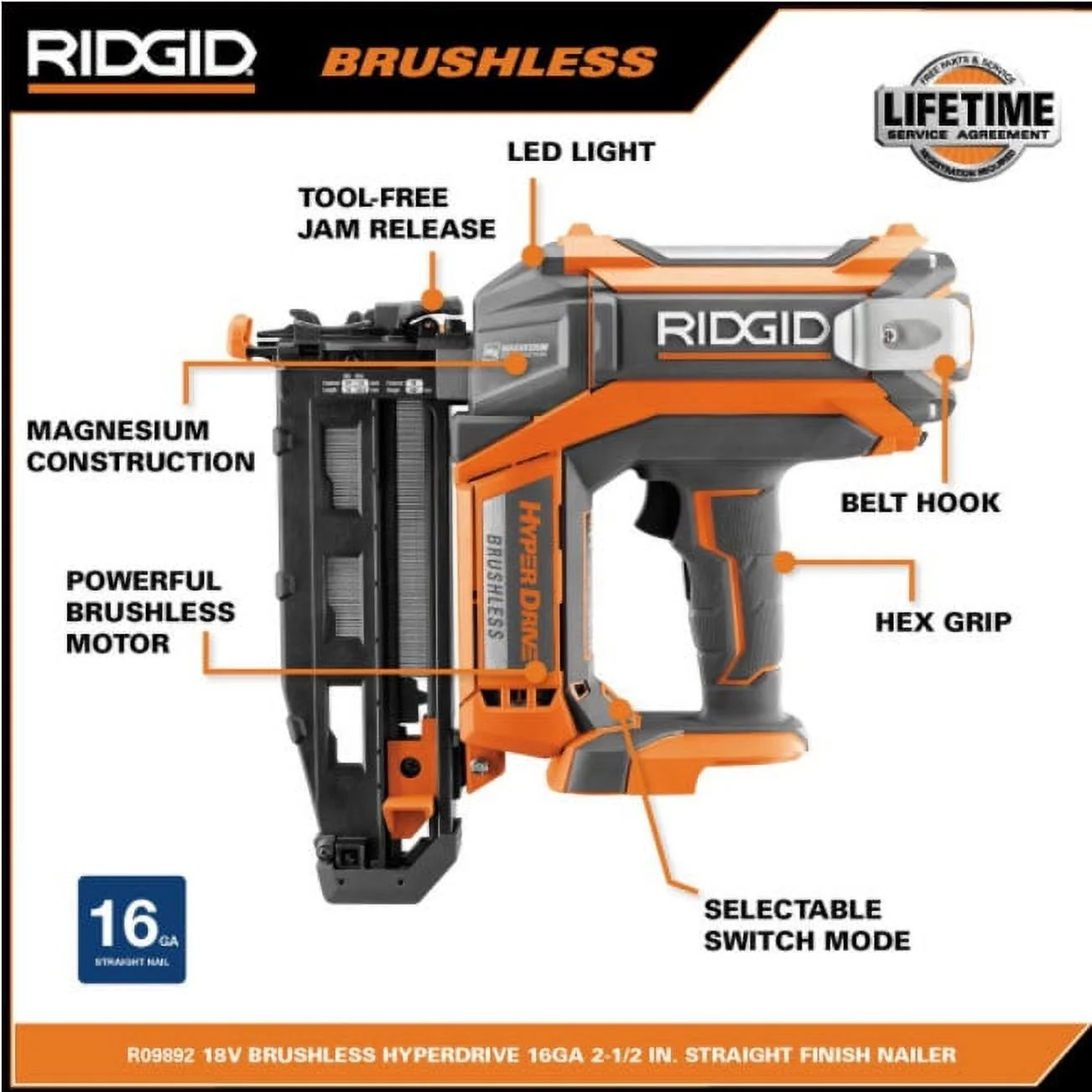 Ridgid HyperDrive 16 Gauge 18v Brushless 2-1/2 In. Straight Finish Nailer - Image 2