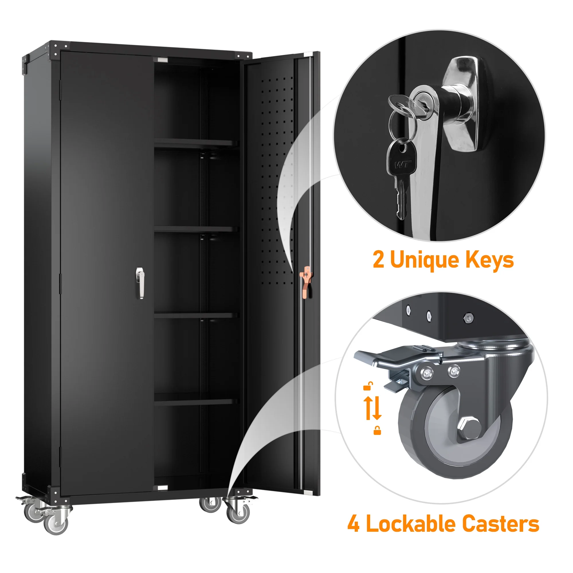 GangMei 71 Inches Tall Metal Garage Storage Cabinets with 5 Adjustable Shelves & Pegboards, Lockable Steel Black Storage Cabinet with Doors for Office, Home, School, Shops, Garage, Assembly required - Image 41