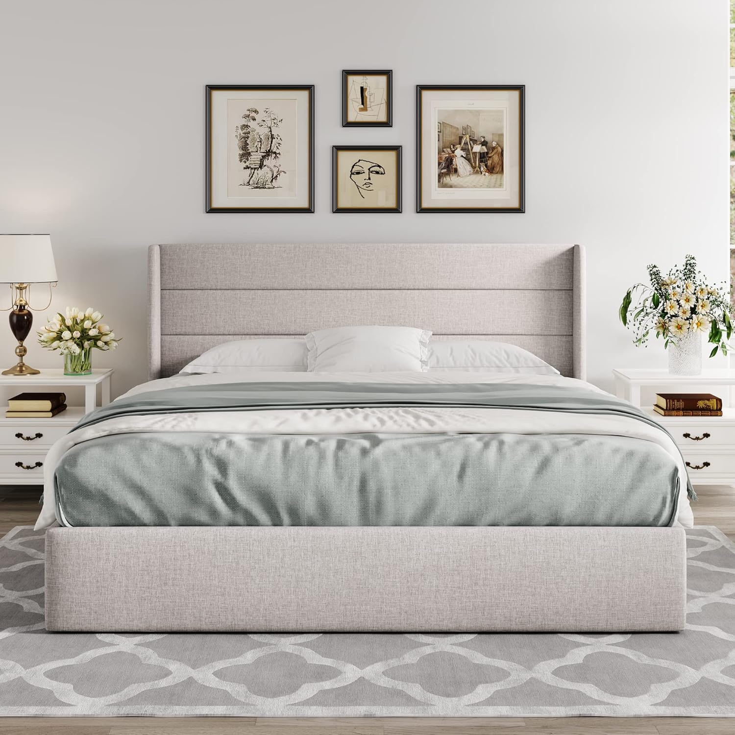 Queen Size Lift Up Storage Bed with Wingback Headboard, Upholstered Platform Bed Frame with Hidden Storage - Image 98