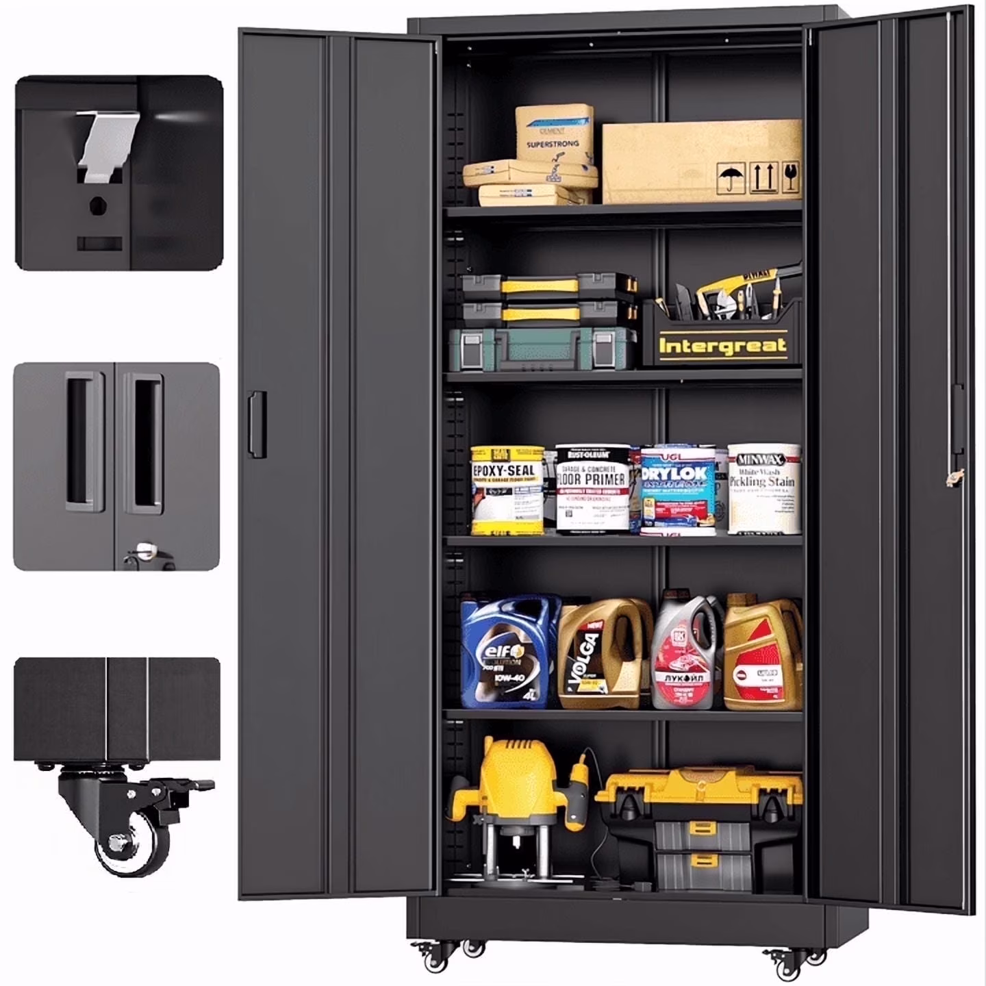 SOLAURA Metal Storage Cabinet with Wheels, 73" Garage Rolling Cabinet with Locking Door and 4 Shelves, Tool Cabinet on Caster for Home, Office, Black