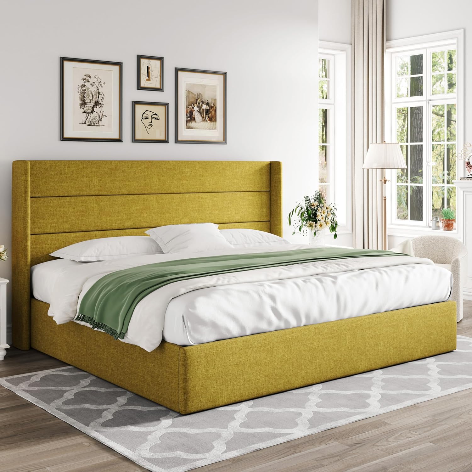 Queen Size Lift Up Storage Bed with Wingback Headboard, Upholstered Platform Bed Frame with Hidden Storage - Image 105