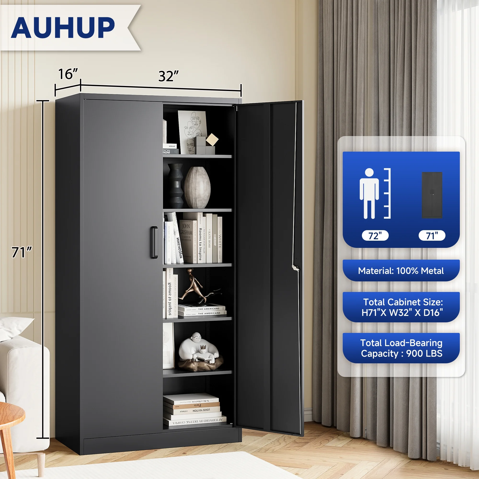 AUHUP 71" Metal Cabinet with Locking Doors and 5 Adjustable Shelves, Black Garage Storage Cabinet for Warehouse, Basement, Home Office, Tool File Storage Utility Cabinets - Image 2