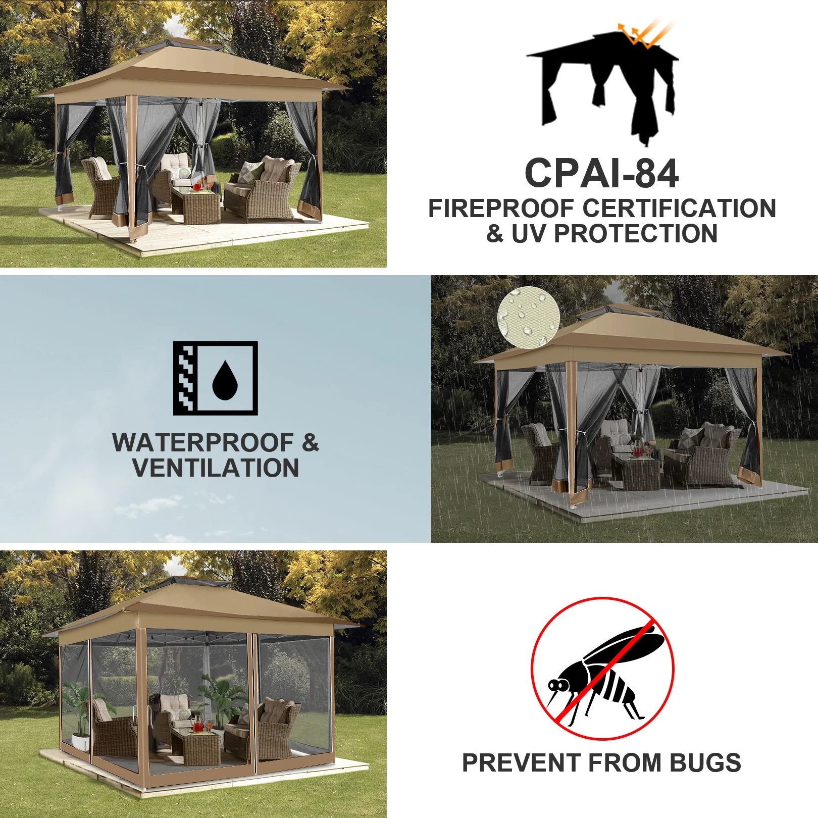 COBIZI 11x11 Pop up Gazebo Outdoor Canopy Gazebo Patio Gazebo with Mosquito Netting Canopy Shelter with 121 Square feet of Shade for Poolside, Garden, Party and Backyard, Khaki - Image 53