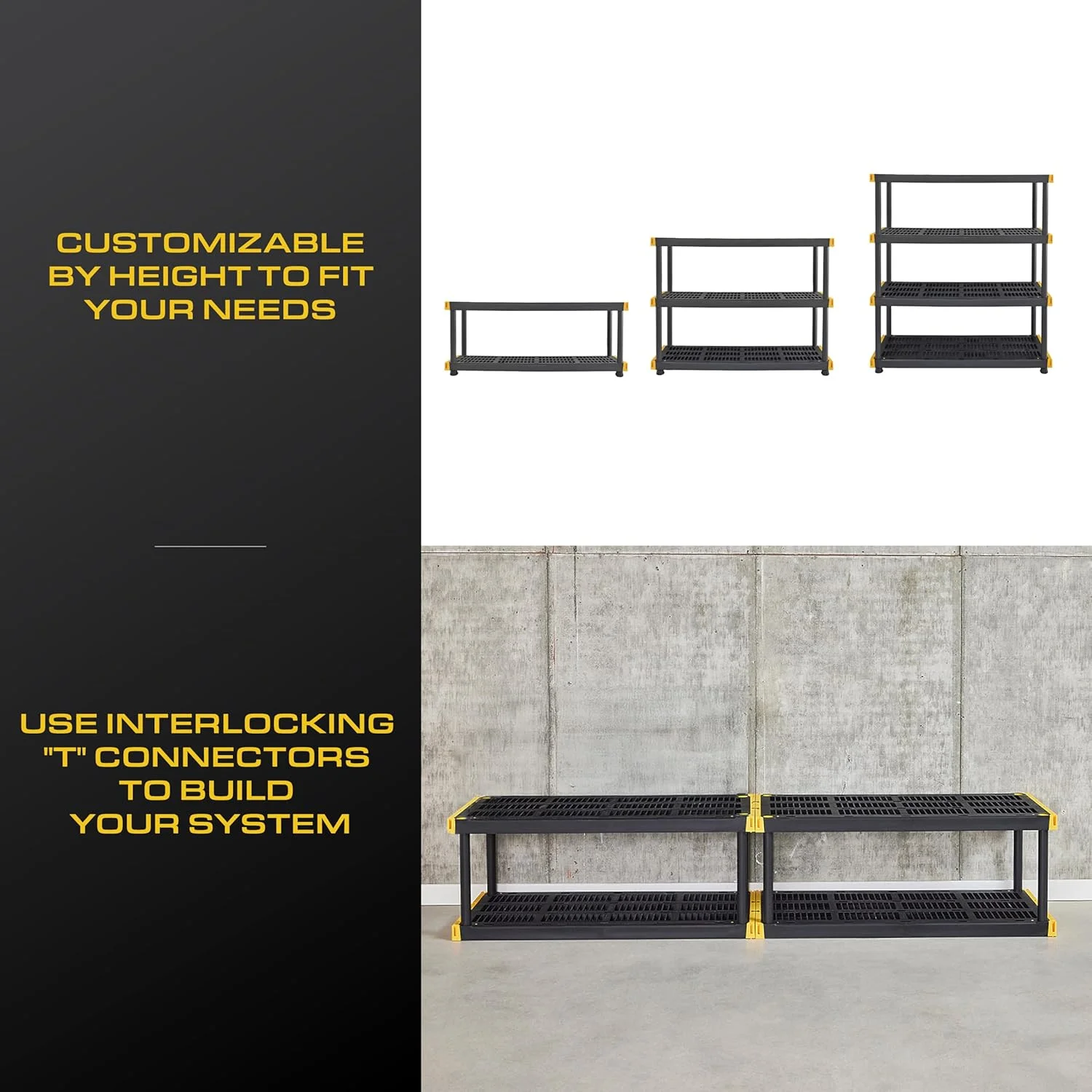TDUKDB Black and Yellow, 4-Tier Heavy Duty Plastic Storage Shelving Unit, 200lbs/shelf (55-H x 48-W x 20-D), for Indoor/Outdoor Organization, Modular Rack - Image 5