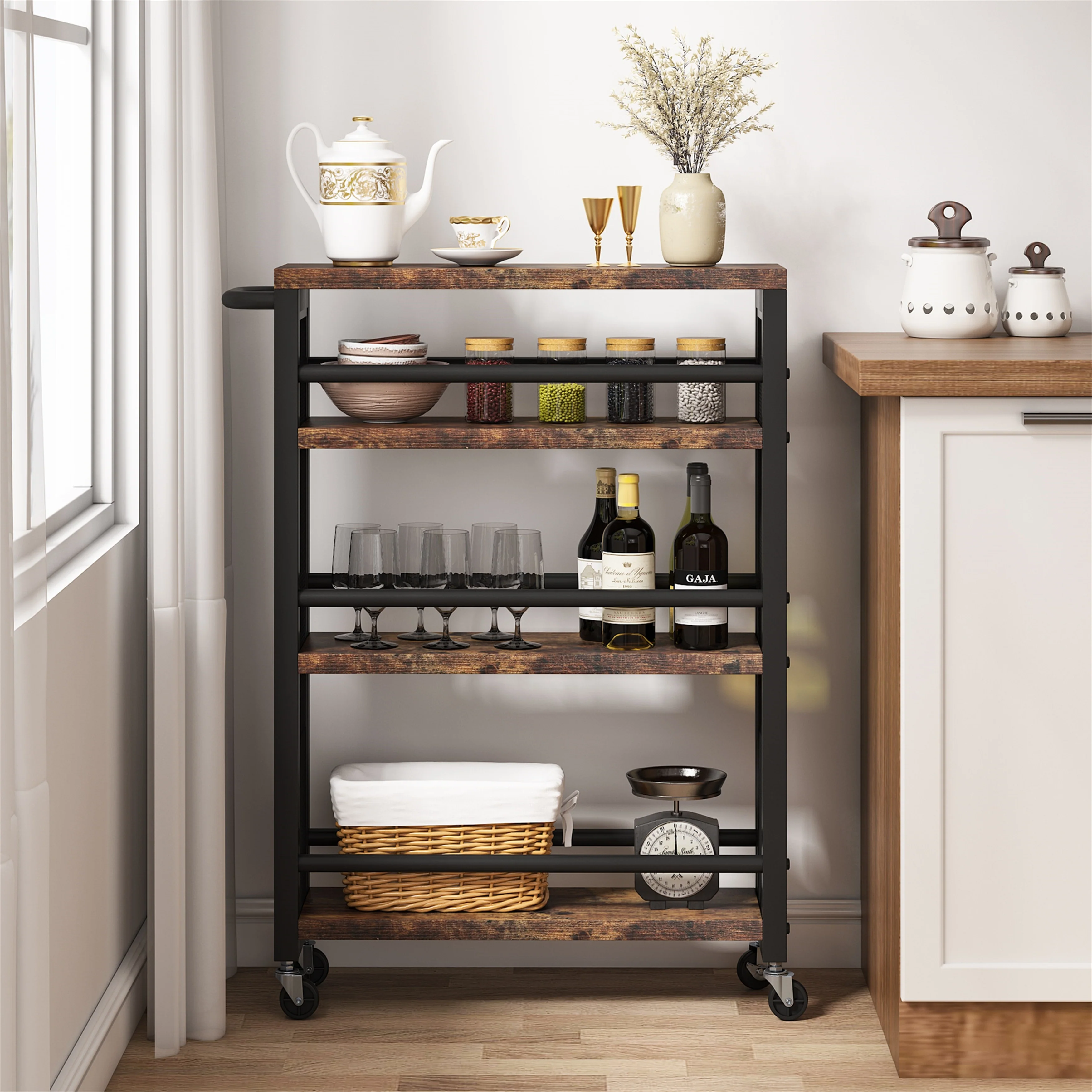 Brown 4-Tier Rolling Kitchen Storage Cart, Narrow Slim Utility Trolley with Wheels and Handle - Image 2