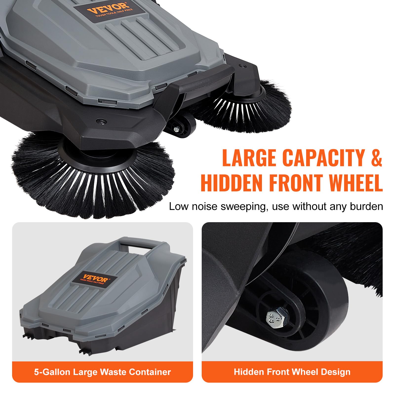 Walk-Behind Hand Push Floor Sweeper, 5-Gallon Waste Container, Manual Outdoor Sweeping Machine - Image 7
