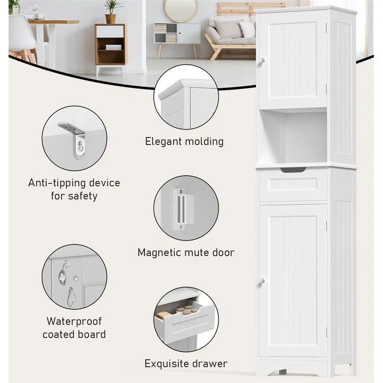 67 Inch Tall Narrow Bathroom Linen Cabinet, 5-Tier Solid Wood Freestanding Storage Cabinet - Image 13
