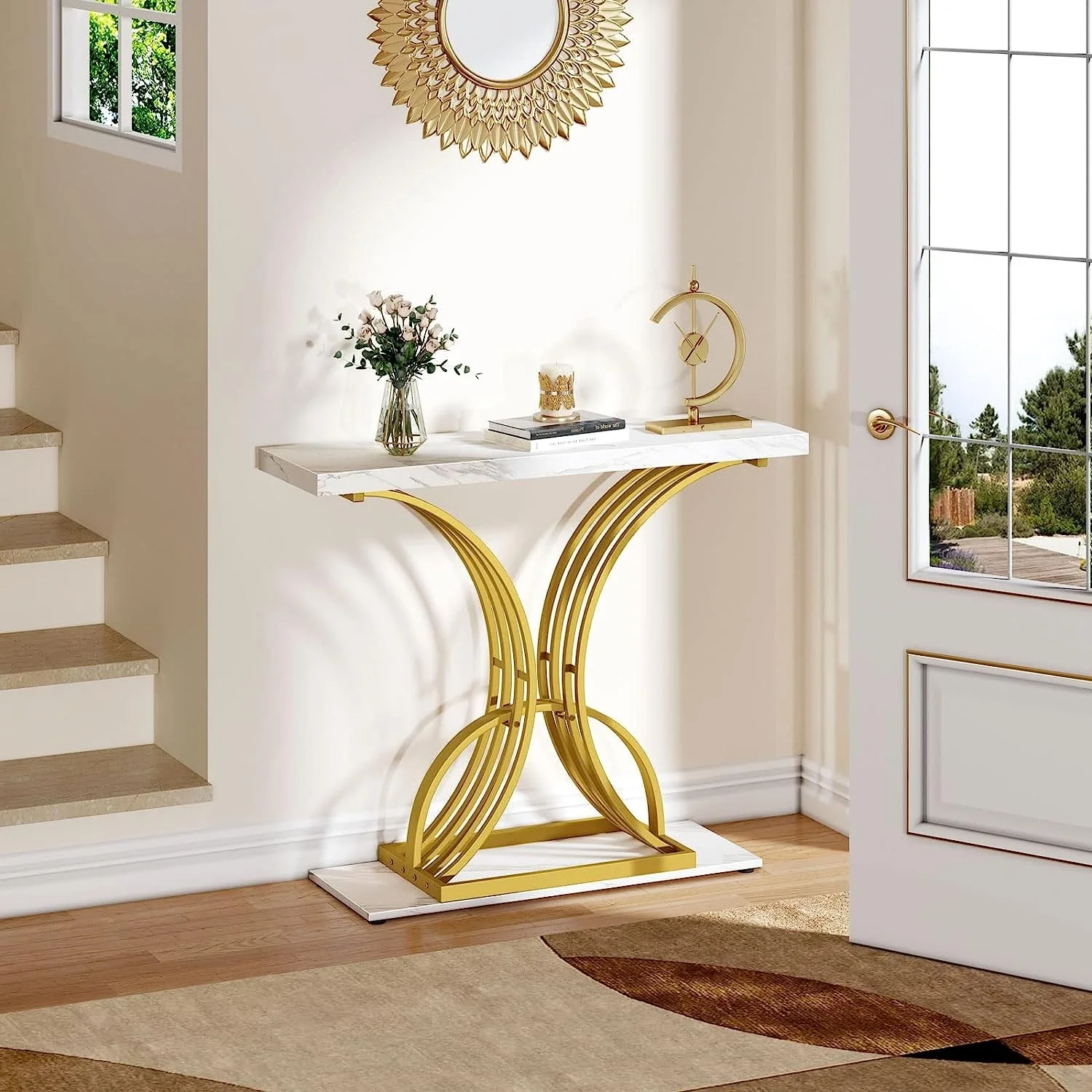 Modern Gold Console Table with Marbled Top, Sofa Table for Entryway and Hallway - Image 4