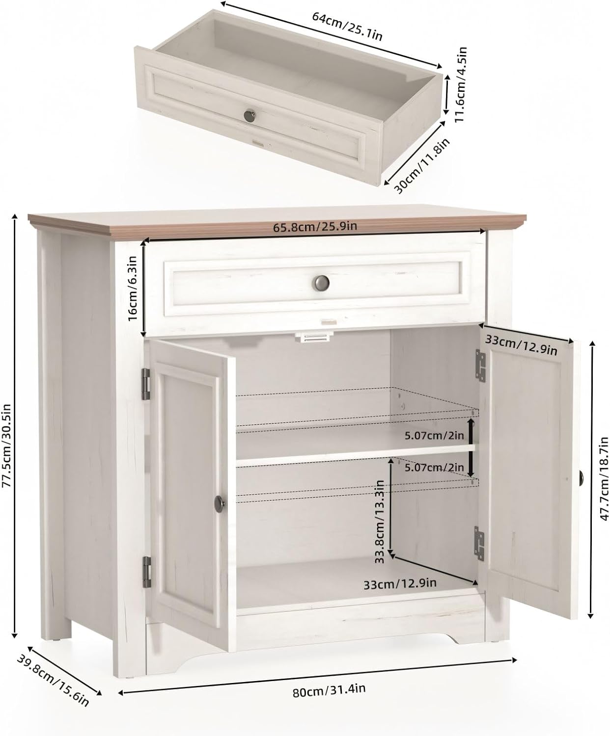 Buffet Cabinet with Storage and Drawer Sideboard Coffee Bar with Adjustable Shelves and Doors, White Accent Cabinet Credenza Console Organizer Modern Coffee Bar for Kitchen Dining Room Living Room - Image 2