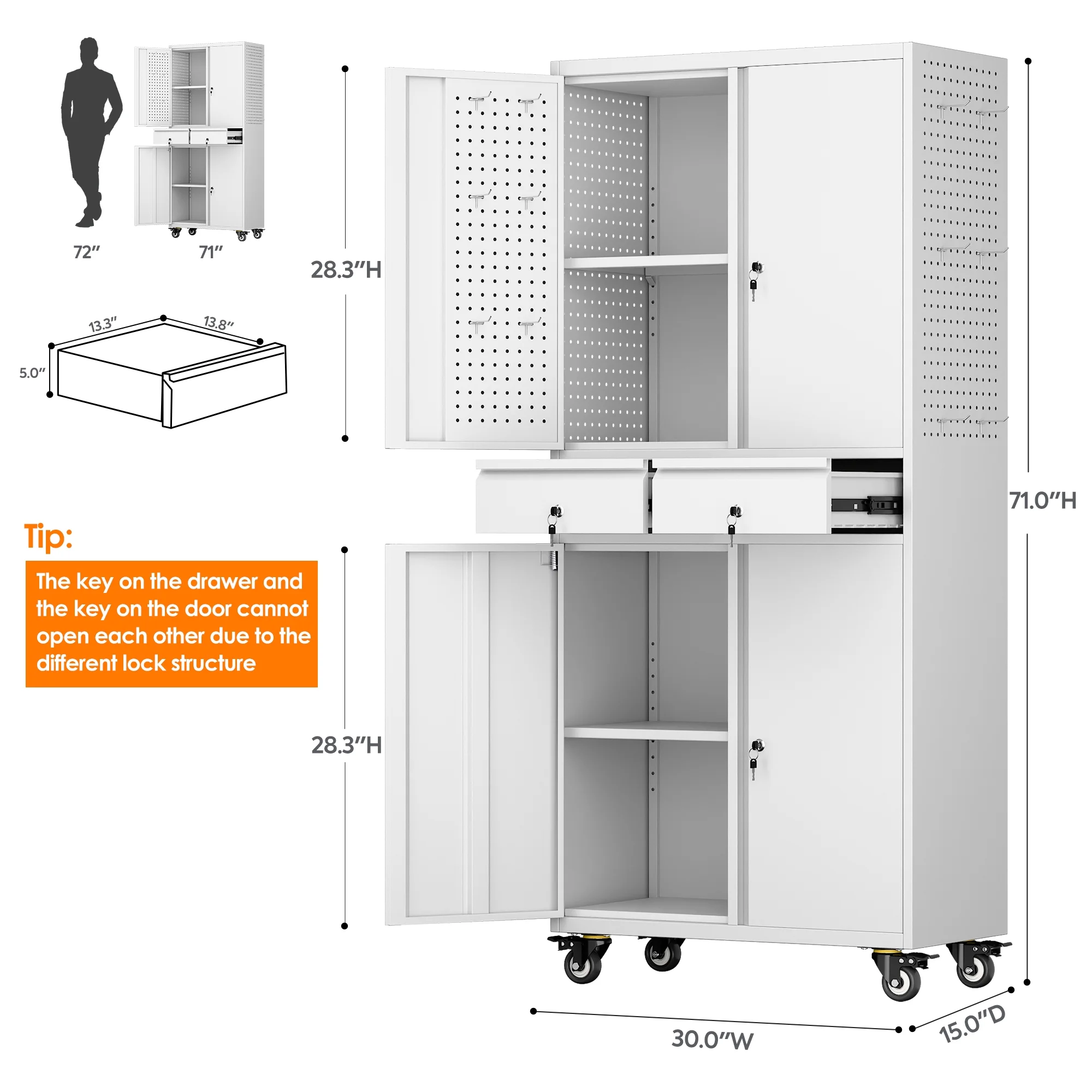 SUPEER 71" Metal Storage Cabinets with Wheels and Pegboards, Industrial Cabinet with 2 Drawers and 2 Adjustable Shelves,, Assembly Required - Image 74