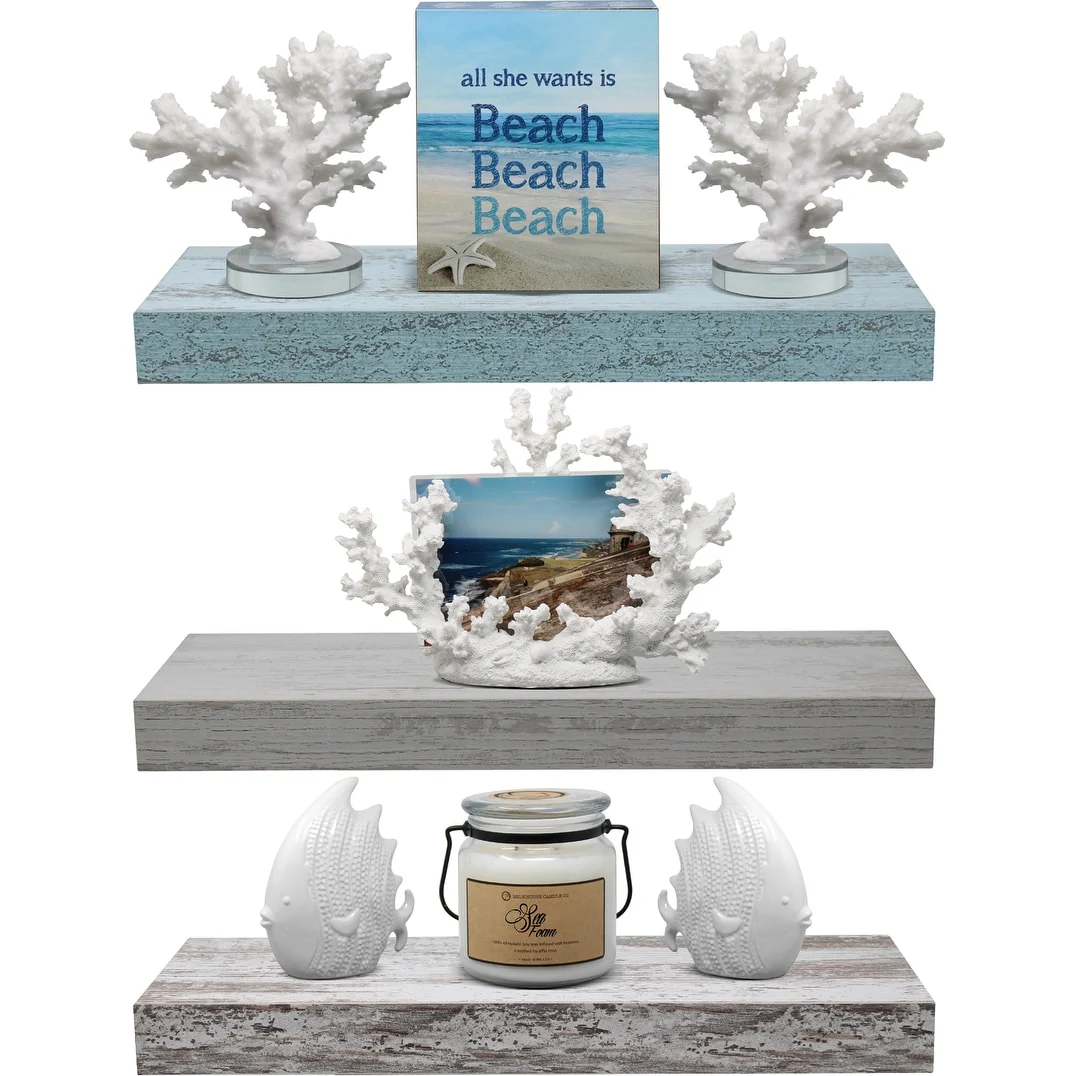 3-Pack Rustic Wood Floating Wall Shelves, Beach Style Hanging Display and Storage Shelves - Image 14