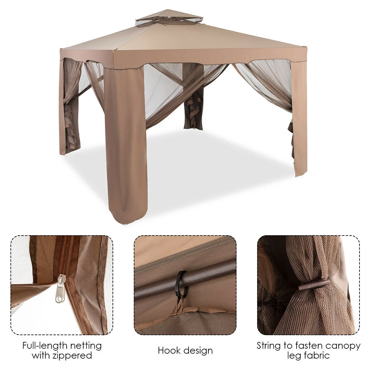 Gymax 10'x 10' Canopy Gazebo Shelter W/Mosquito Netting Outdoor Patio Beige - Image 18