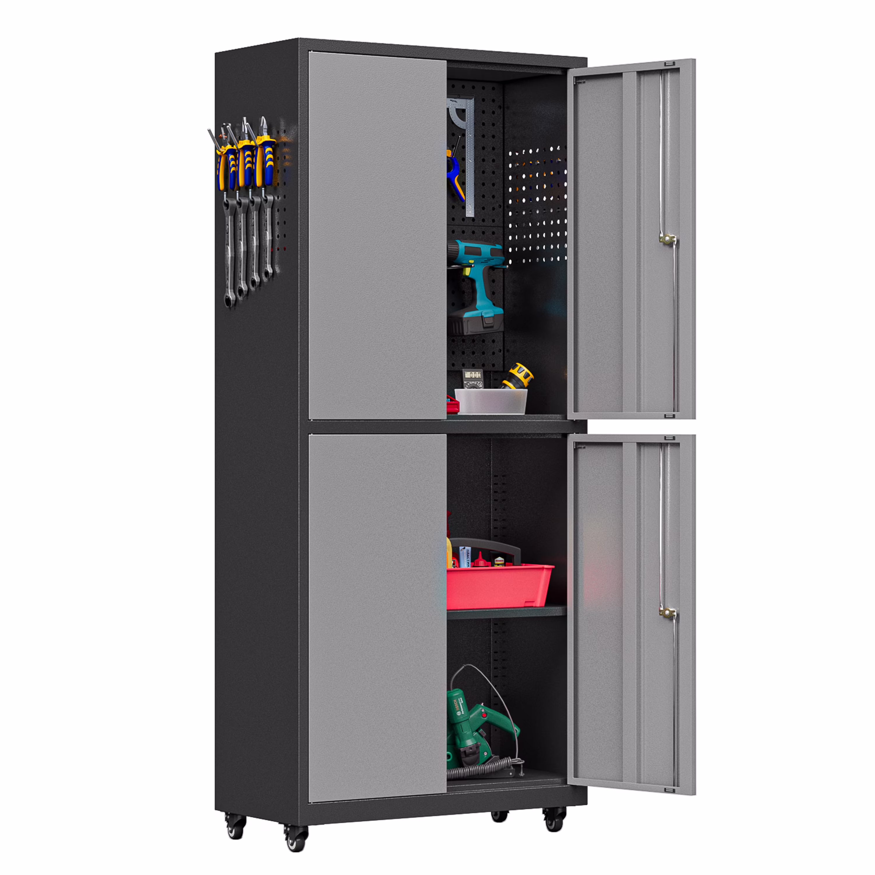 Metal Storage Cabinet with Wheels,Tool Storage Cabinet with Doors and Shelves Adjustable,Heavy Duty Garage Storage Cabinet,Steel Locking Storage Cabinet for Garage/Warehouse/Office/School/Home-Black - Image 7