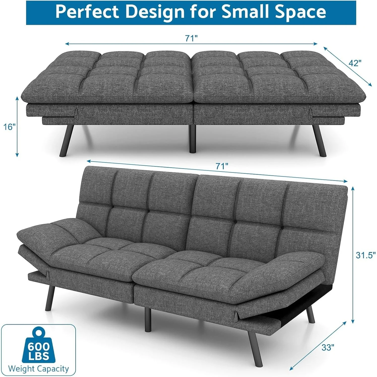 Convertible Futon Sofa Bed with Memory Foam, Foldable Loveseat Sleeper with Adjustable Armrests - Image 9
