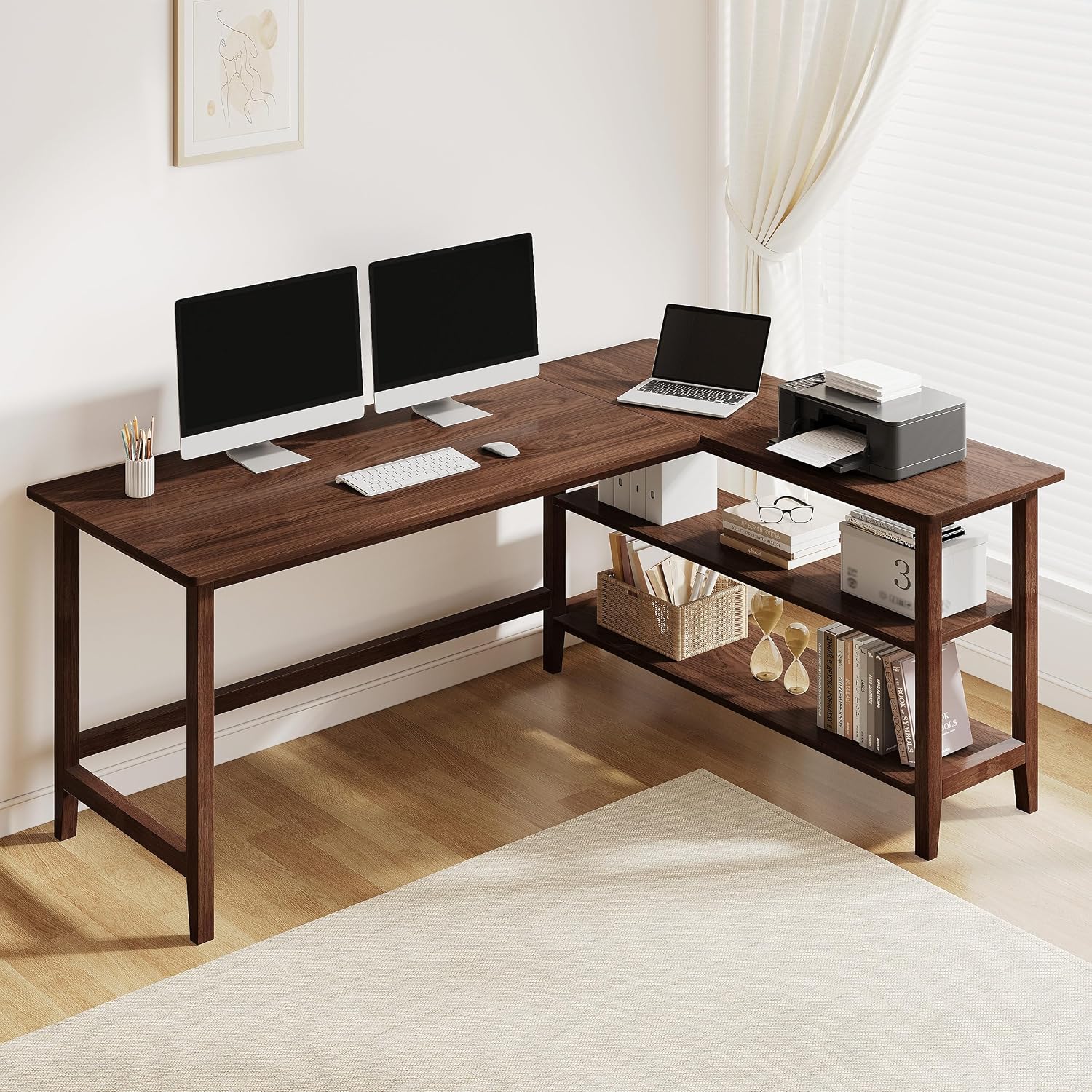 45" Reversible L-Shaped Office Desk with Storage Shelves, White - Image 3