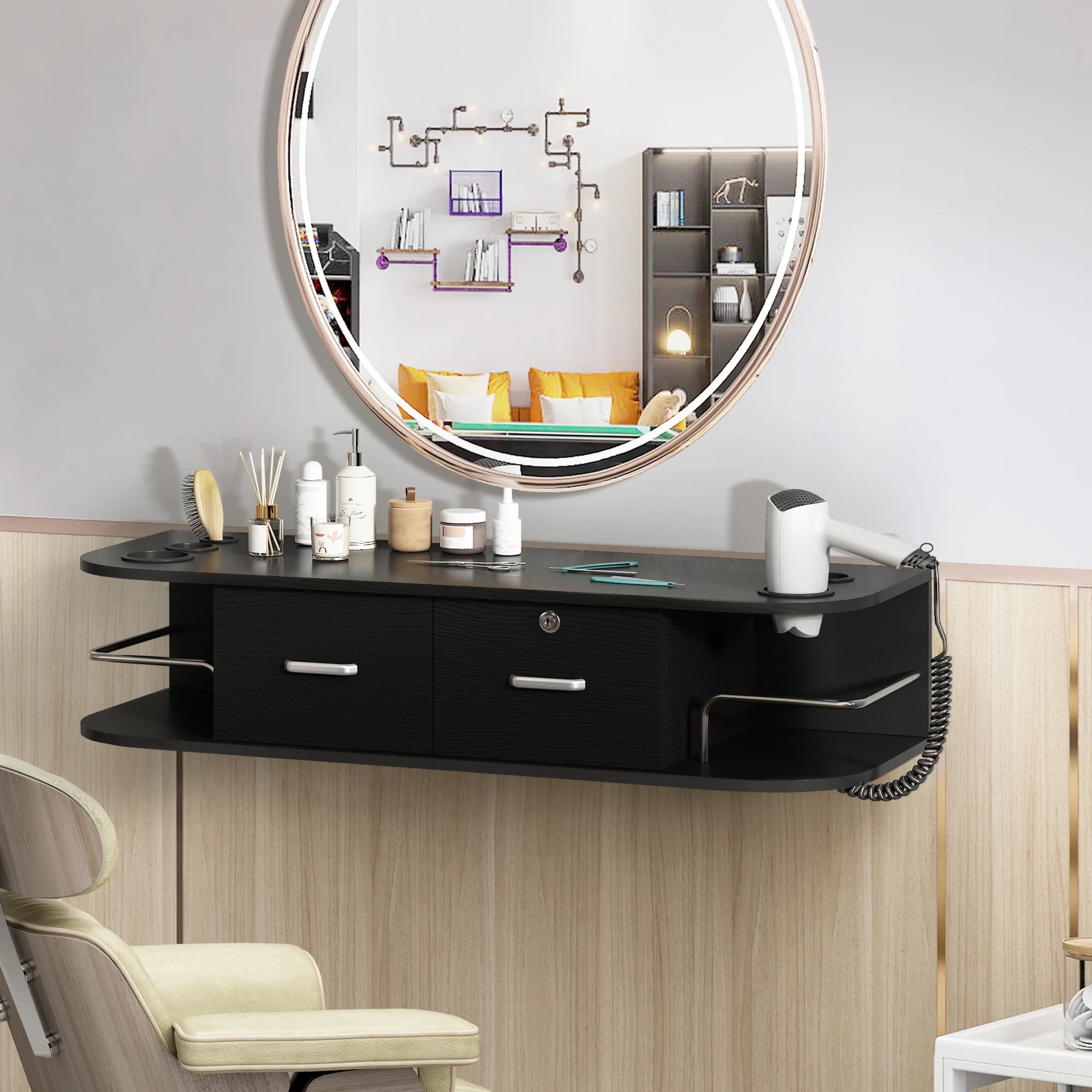 RESHABLE Modern Wall-Mounted Salon Station Barber Cabinet with Locking Drawer Storage Table for Hair Stylist Black - Image 4