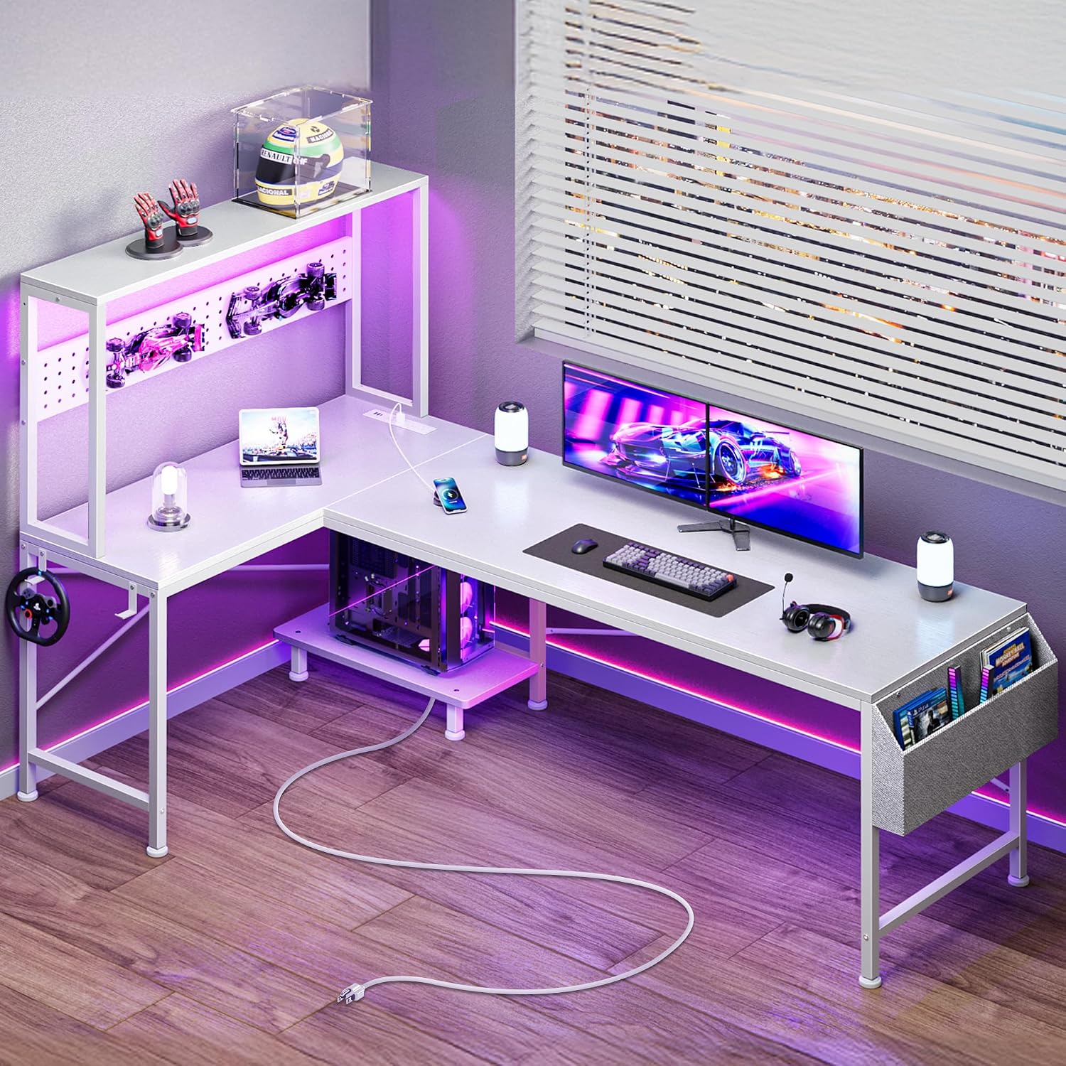 L Shaped Gaming Desk with LED Lights & Power Outlets - Image 10