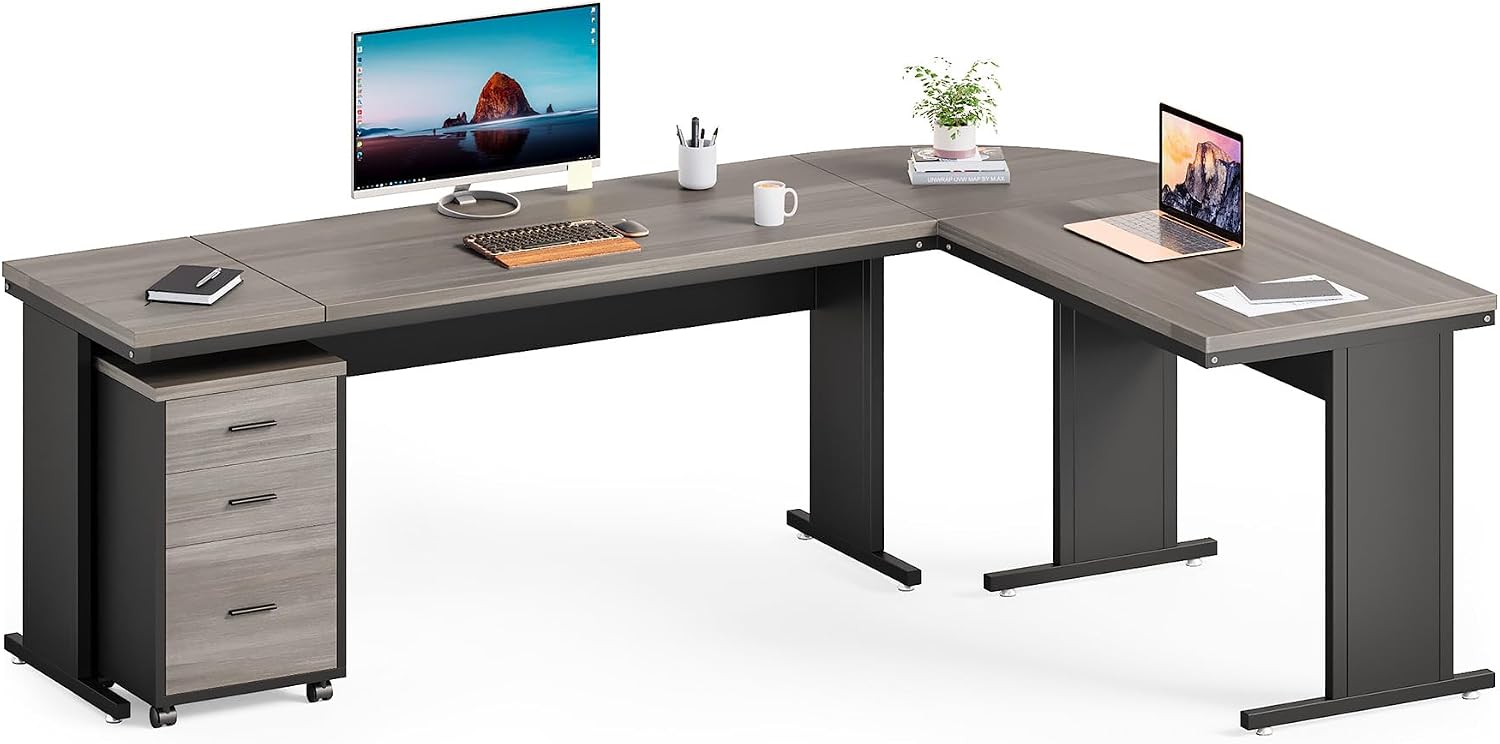 82.67" Long Executive Desk with Drawers, Large L-Shaped Office Desk with Mobile File Cabinet, Farmhouse Computer Office Furniture Work Desk with Storage for Home Office, Gray - Image 3