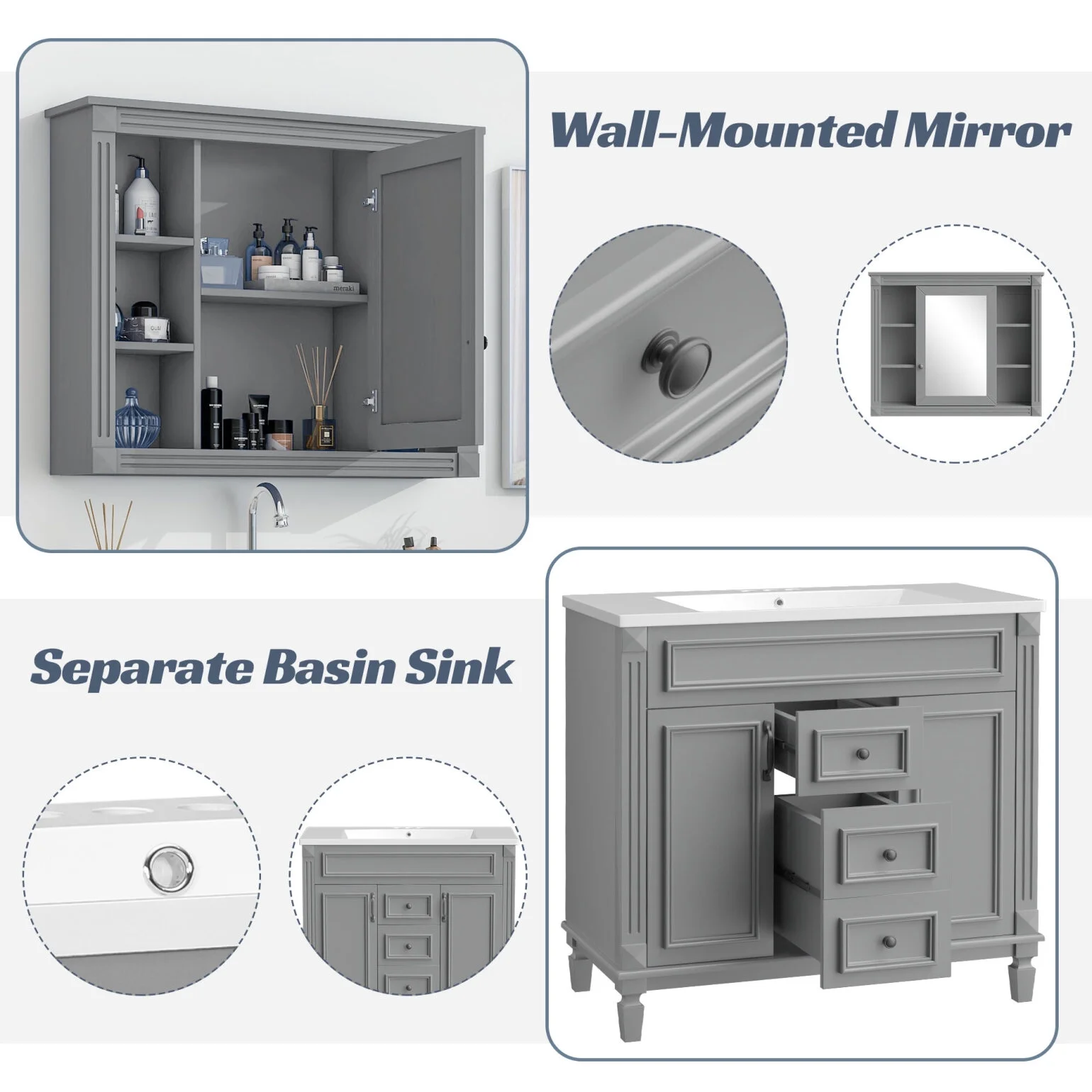 Modern Bathroom Furniture Set, 36" Bathroom Vanity with Top Sink, 35" Wall Mounted Bathroom Storage Cabinet, Mirror Cabinet with 6 Shelves, Storage Cabinet with 2 Doors and 2 Drawers, Grey - Image 8