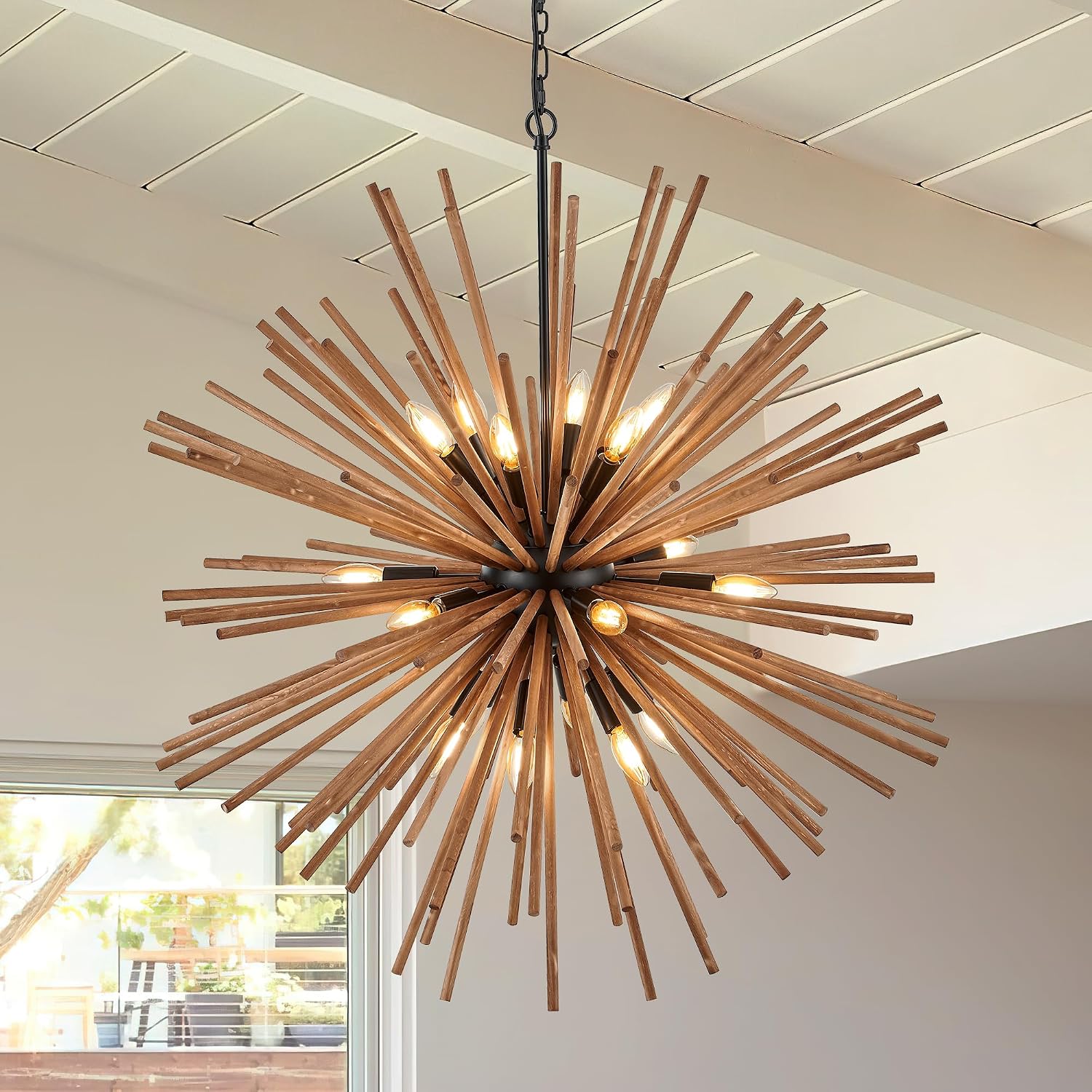 23.6" Farmhouse Sputnik Chandelier for Dining Room Rustic Handmade Natural Wood 12-Light Hanging Ceiling Pendant Light Fixture Starburst Wood Chandeliers for Kitchen Bedroom Foyer Hallway - Image 3