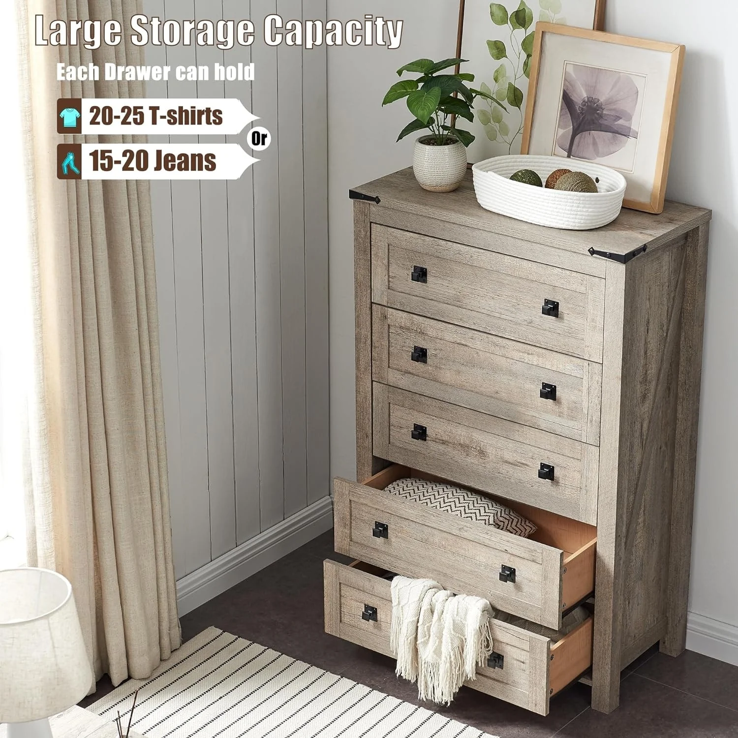 48 Inch Tall Farmhouse Wood Dresser, 5 Drawer Chest of Drawers for Bedroom - Image 11