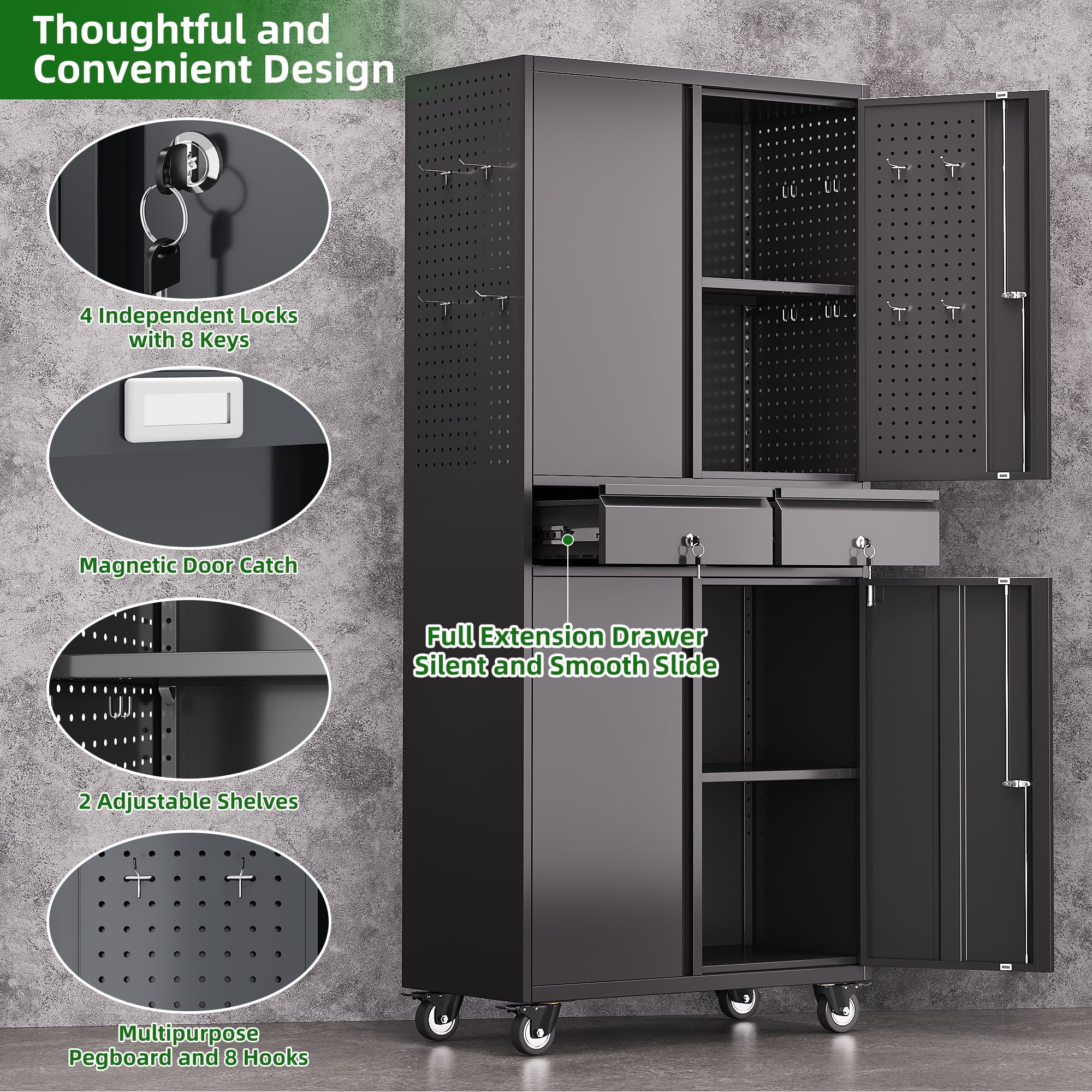GangMei 71 Inches Tall Metal Garage Storage Cabinets with 5 Adjustable Shelves & Pegboards, Lockable Steel Black Storage Cabinet with Doors for Office, Home, School, Shops, Garage, Assembly required - Image 57