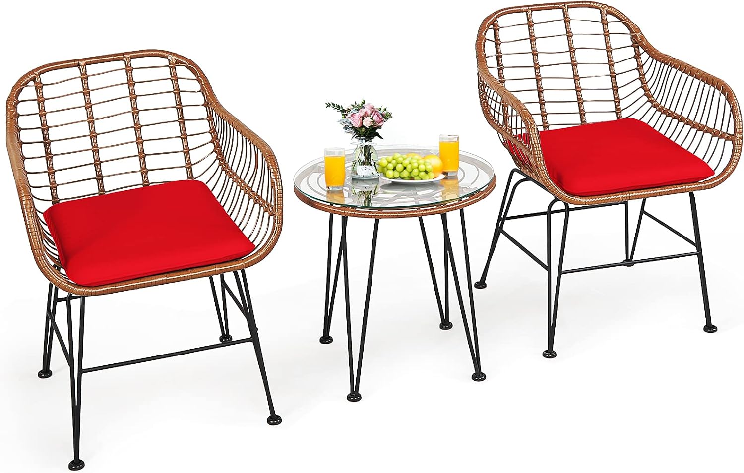 3 Pieces Patio Bistro Set, Rattan Conversation Set with 2 Cushioned Armchairs & Round Glass Coffee Table, Indoor Outdoor Wicker Furniture Set for Balcony, Backyard, Garden, Poolside - Image 6