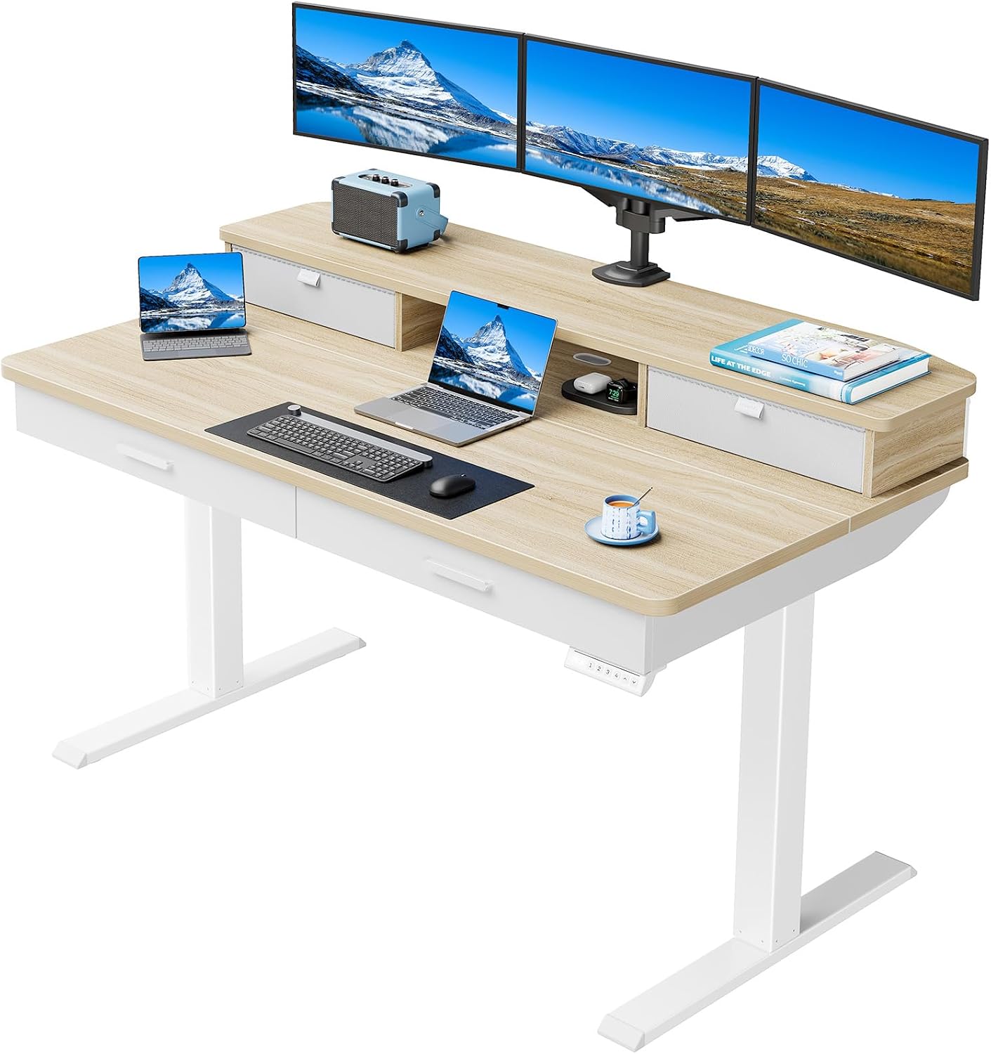 32 x 20 Inch Electric Standing Desk with 4 Drawers, Height Adjustable Sit Stand Desk, Natural - Image 12