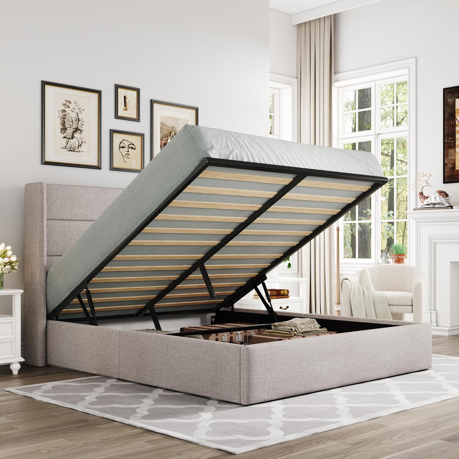 Queen Size Lift Up Storage Bed with Wingback Headboard, Upholstered Platform Bed Frame with Hidden Storage - Image 43