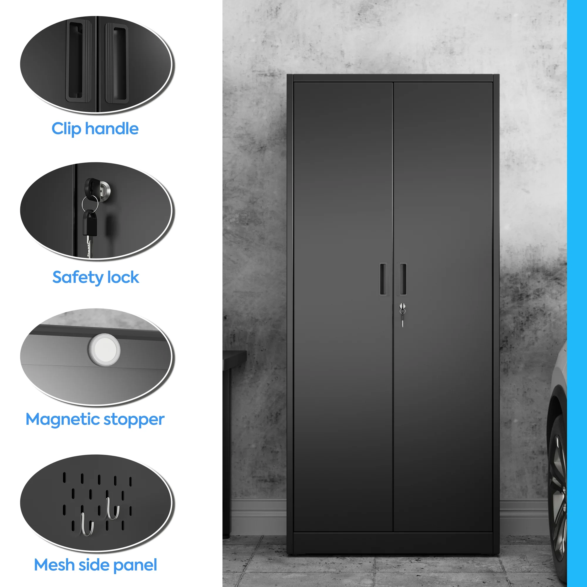 GAEANET 2 Door Metal Storage Cabinet with 5 Adjustable Shelves &Pegboard, 71" H-32" W-16" D Locking Steel Garage Cabinet, for Garage,Office,Home,Gym,School, File Cabinet,Assembly Required, Black - Image 45