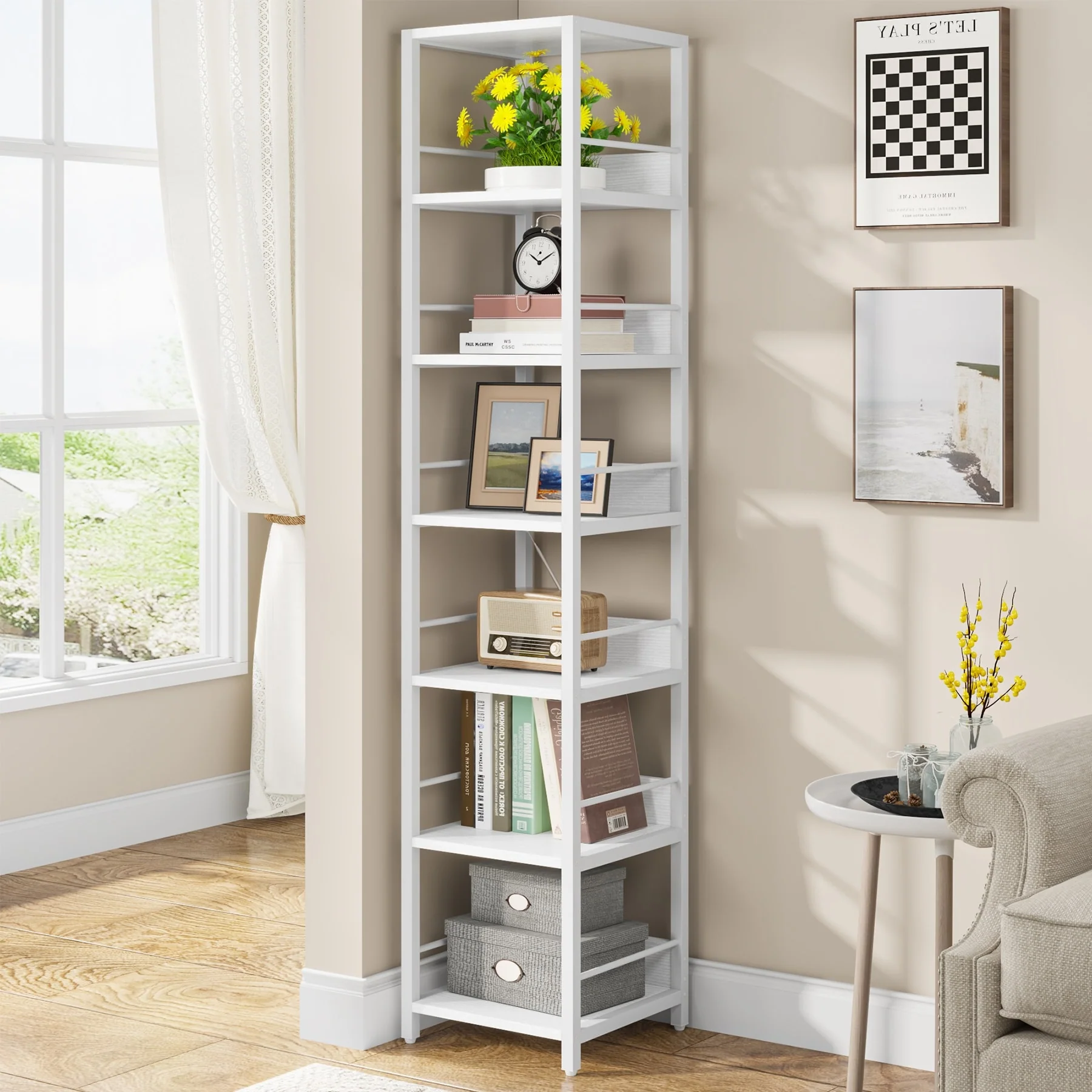 75 Inch Tall Narrow Corner Shelf, 6-Tier Etagere Storage Rack for Home and Office