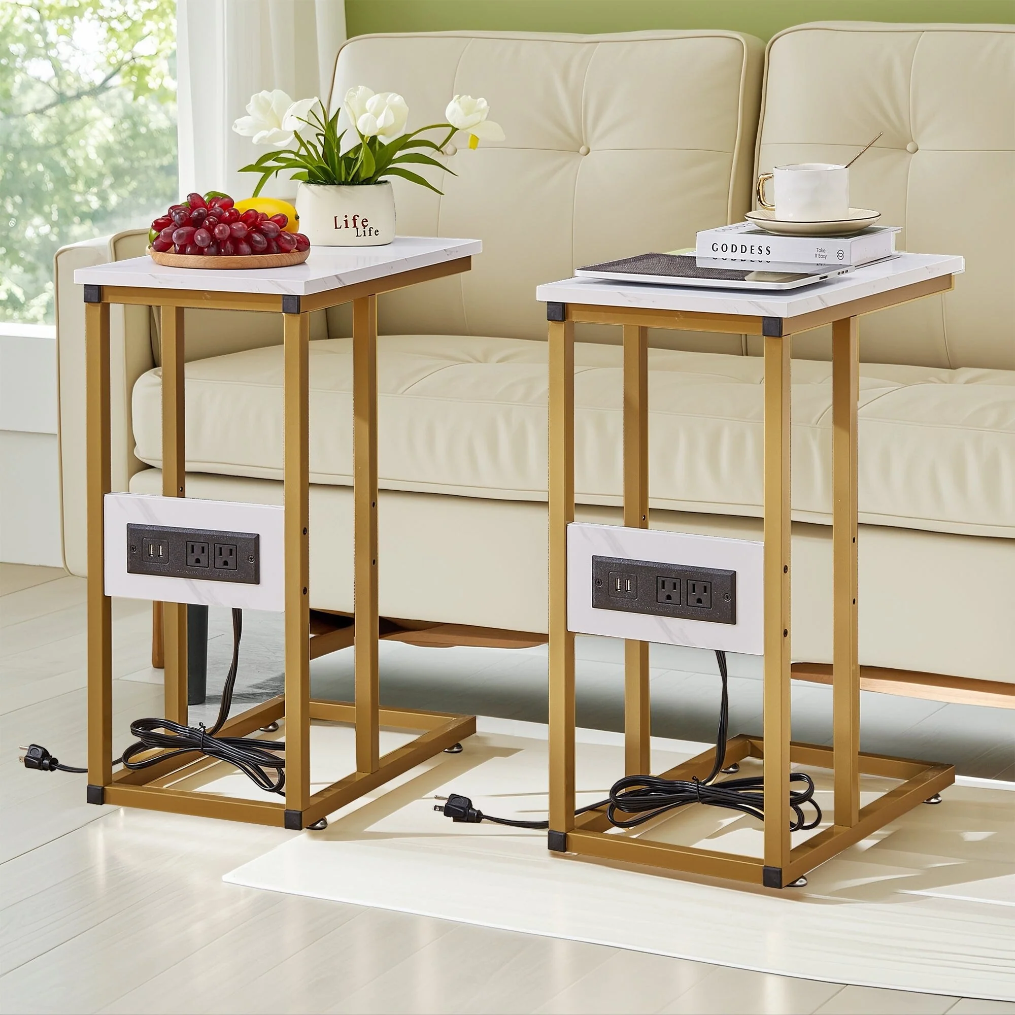 Set of 2 C-Shaped Sofa Side Tables, Small End Tables for Living Room, Bedside and TV Tray - Image 50