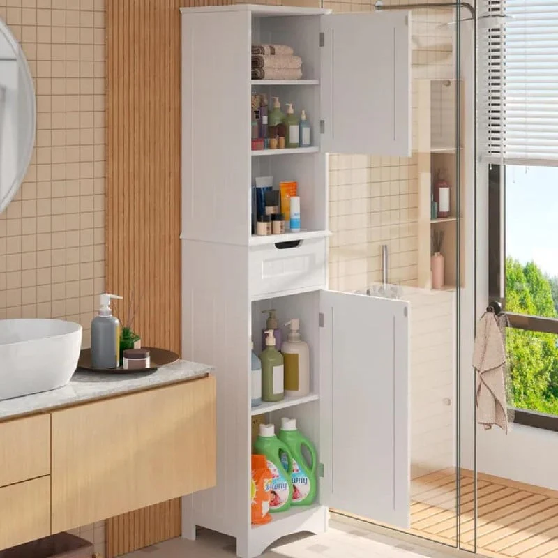 67 Inch Tall Narrow Bathroom Linen Cabinet, 5-Tier Solid Wood Freestanding Storage Cabinet - Image 15