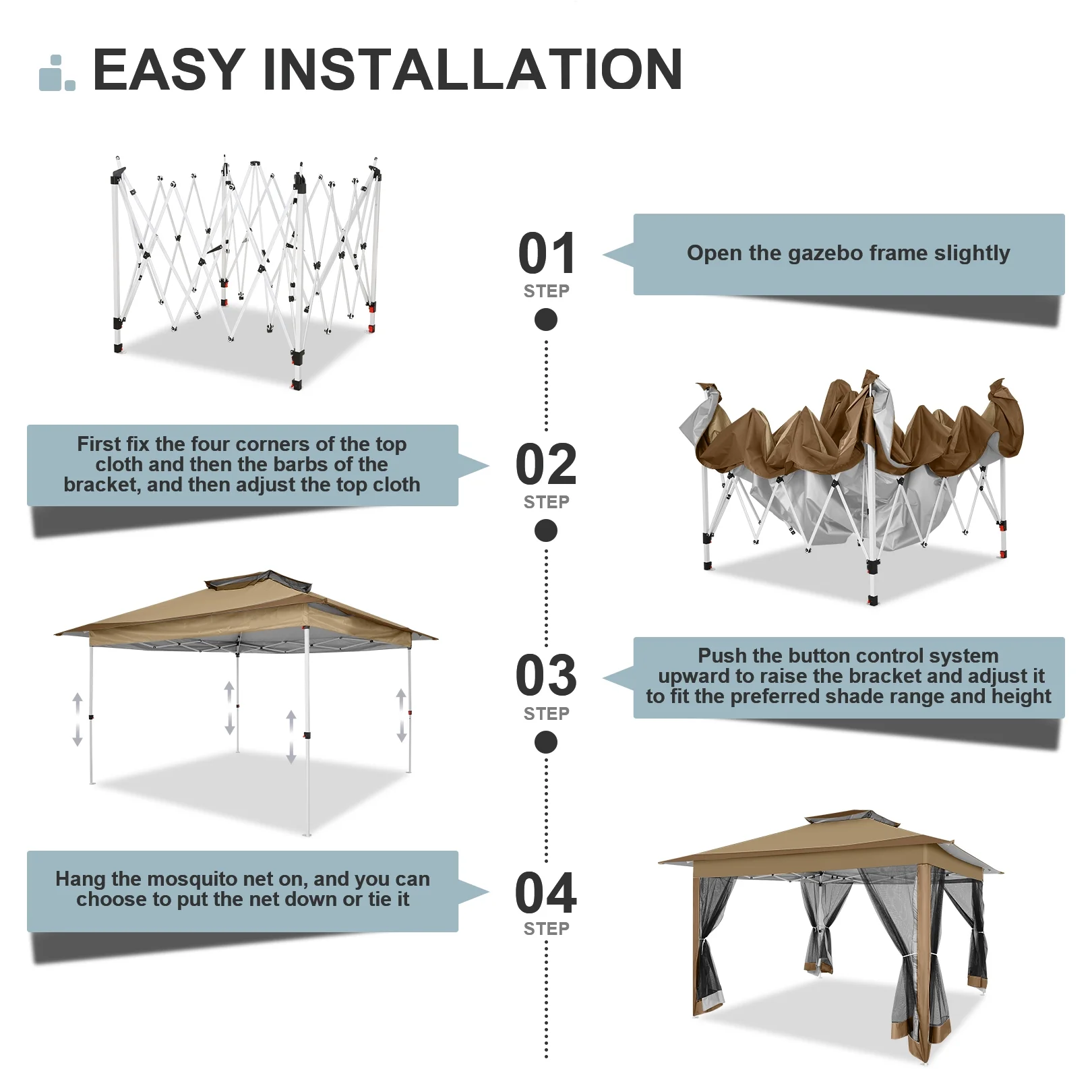 COBIZI 11x11 Pop up Gazebo Outdoor Canopy Gazebo Patio Gazebo with Mosquito Netting Canopy Shelter with 121 Square feet of Shade for Poolside, Garden, Party and Backyard, Khaki - Image 56