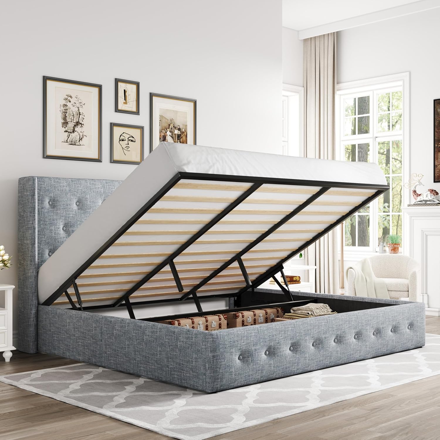 Queen Size Lift Up Storage Bed with Wingback Headboard, Upholstered Platform Bed Frame with Hidden Storage - Image 39
