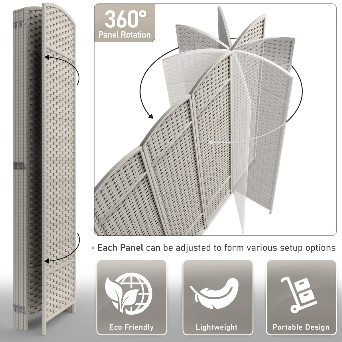 6 Panel Room Divider, 6ft Tall Extra Wide Folding Privacy Screen with Hand-Woven Mesh Panels - Image 9
