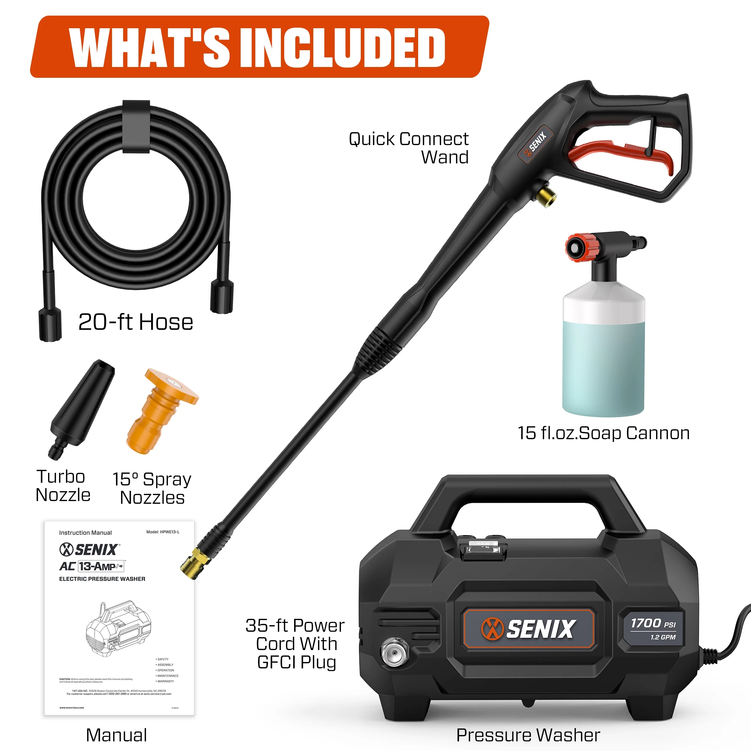 SENIX 2100 PSI Electric Pressure Washer with Foam Cannon, Brushless Motor,Lightweight & Portable, for Car House Patio Driveway Deck Fence, Outdoor Cleaning Power Washer - Image 2