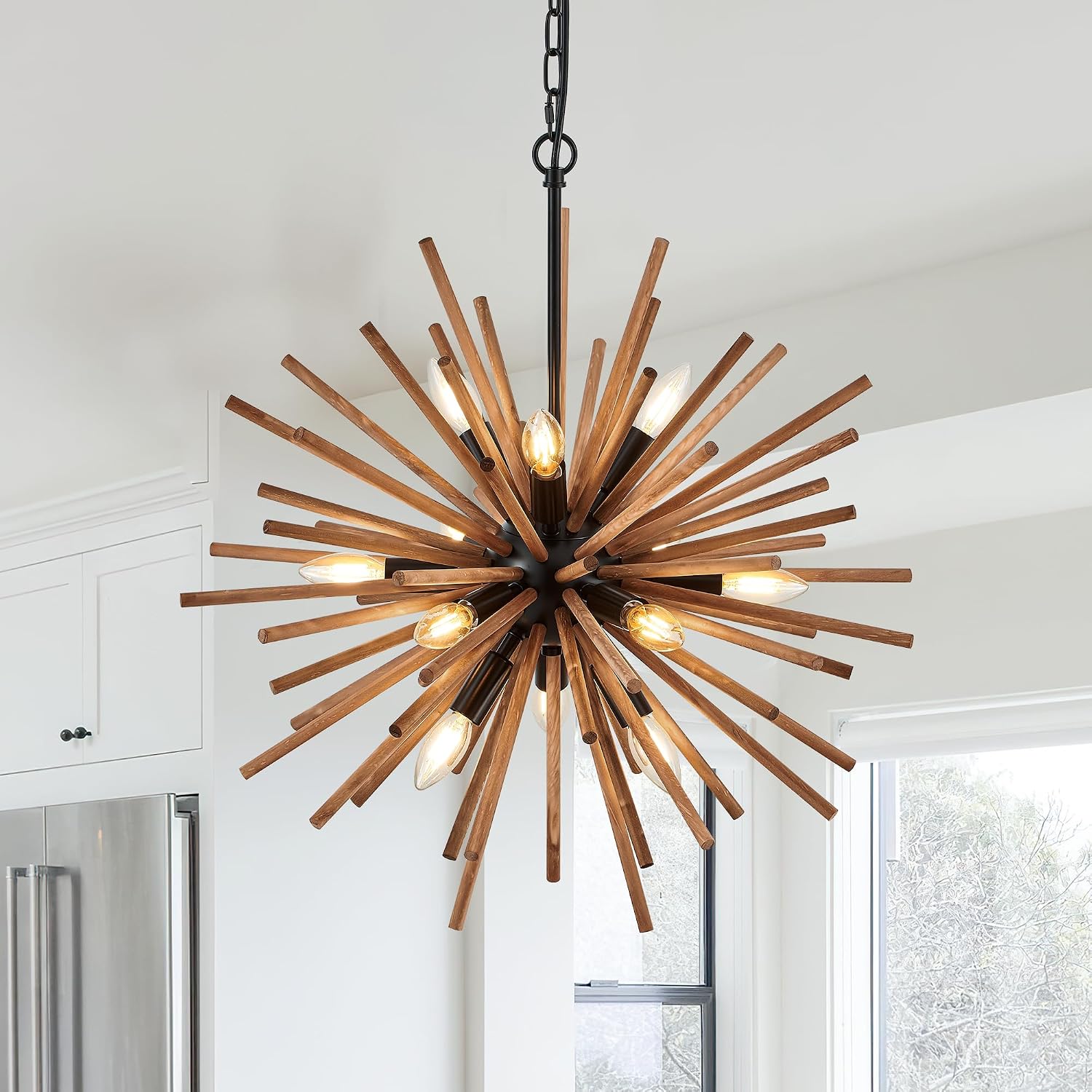 23.6" Farmhouse Sputnik Chandelier for Dining Room Rustic Handmade Natural Wood 12-Light Hanging Ceiling Pendant Light Fixture Starburst Wood Chandeliers for Kitchen Bedroom Foyer Hallway - Image 2