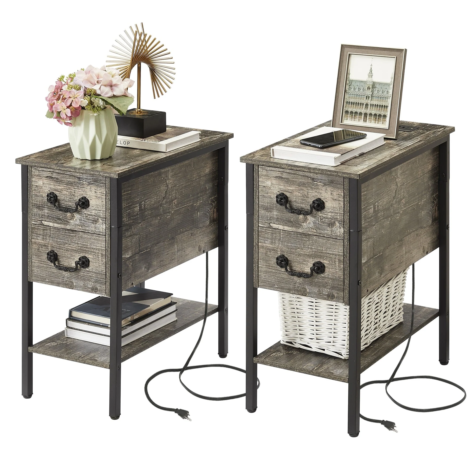 Narrow End Table with Charging Station, Chairside Table with Drawers, USB Ports and Power Outlets - Image 3