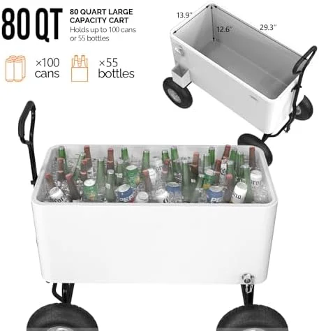 80 Quart Wagon Rolling Cooler Ice Chest, /Long Handle and 10" Wheels, Portable Beach Patio Party Bar Cold Drink Beverage, Outdoor Park Cart on Wheels - Image 5