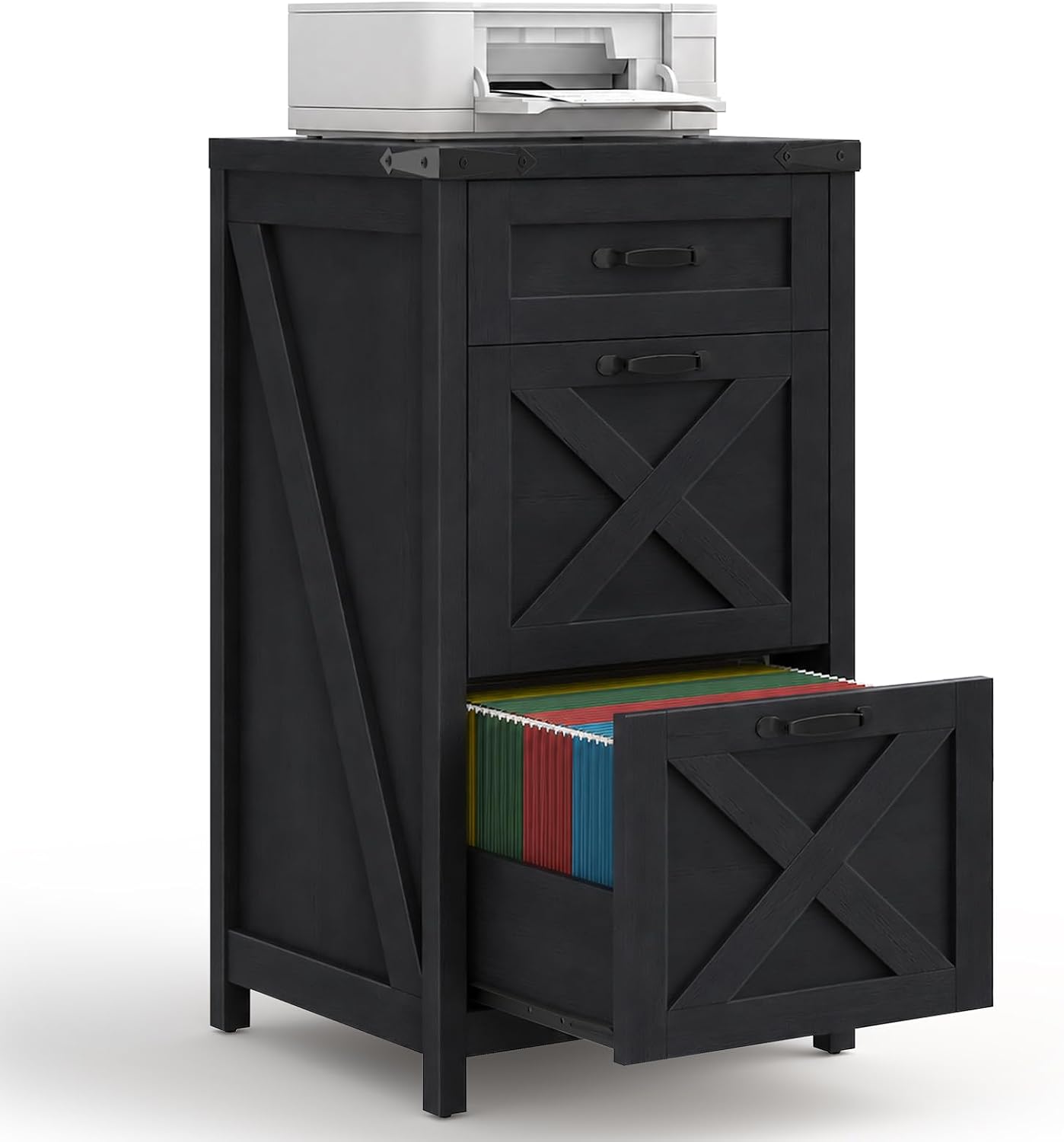 3 Drawers Tall Farmhouse File Cabinet with Wheels, Rustic White - Image 9
