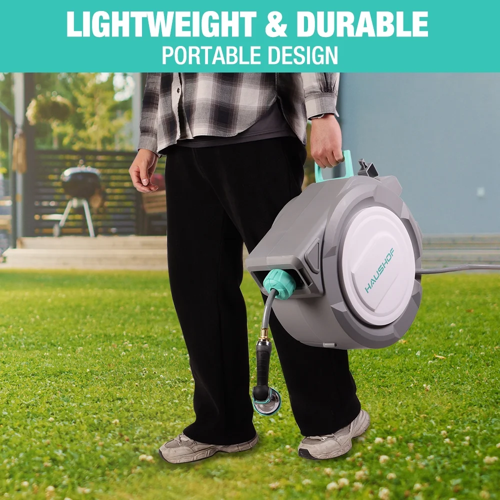 HAUSHOF 1/2" x 100 ft Retractable Garden Hose Reel with Automatic Rewind, 10-Pattern Spray Nozzle, Durable High-Pressure Hose, and 180- Swivel Bracket -C Perfect for Watering Gardens, Cleaning Patios - Image 10