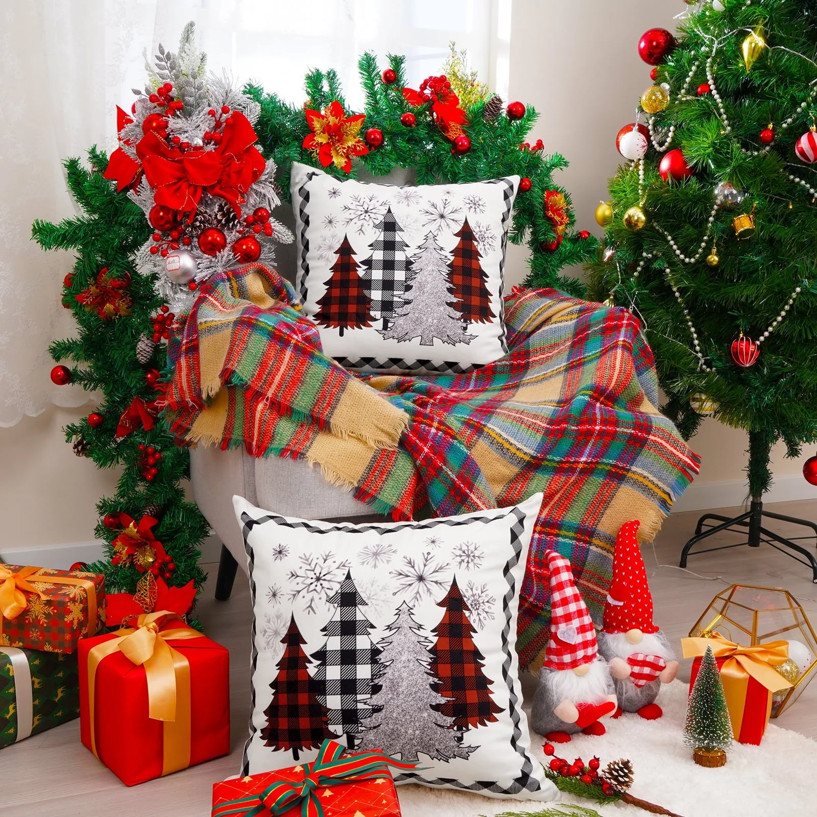 BLEUM CADE Christmas Pillow Covers 18 x 18 inch Grey Snowflakes Christmas Tree Throw Pillow Covers Set of 2,Xmas Buffalo Plaid Cushion Cover Winter Holiday Decorative Pillow Cases - Image 2