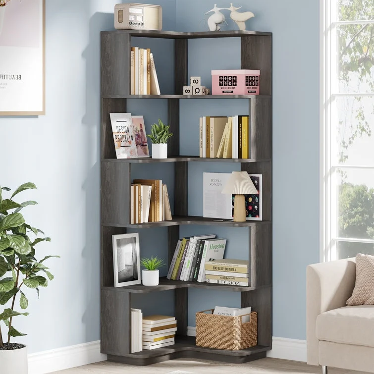 64.9 Inch Tall 6-Tier Corner Bookshelf, Freestanding Wood Industrial Bookcase - Image 4