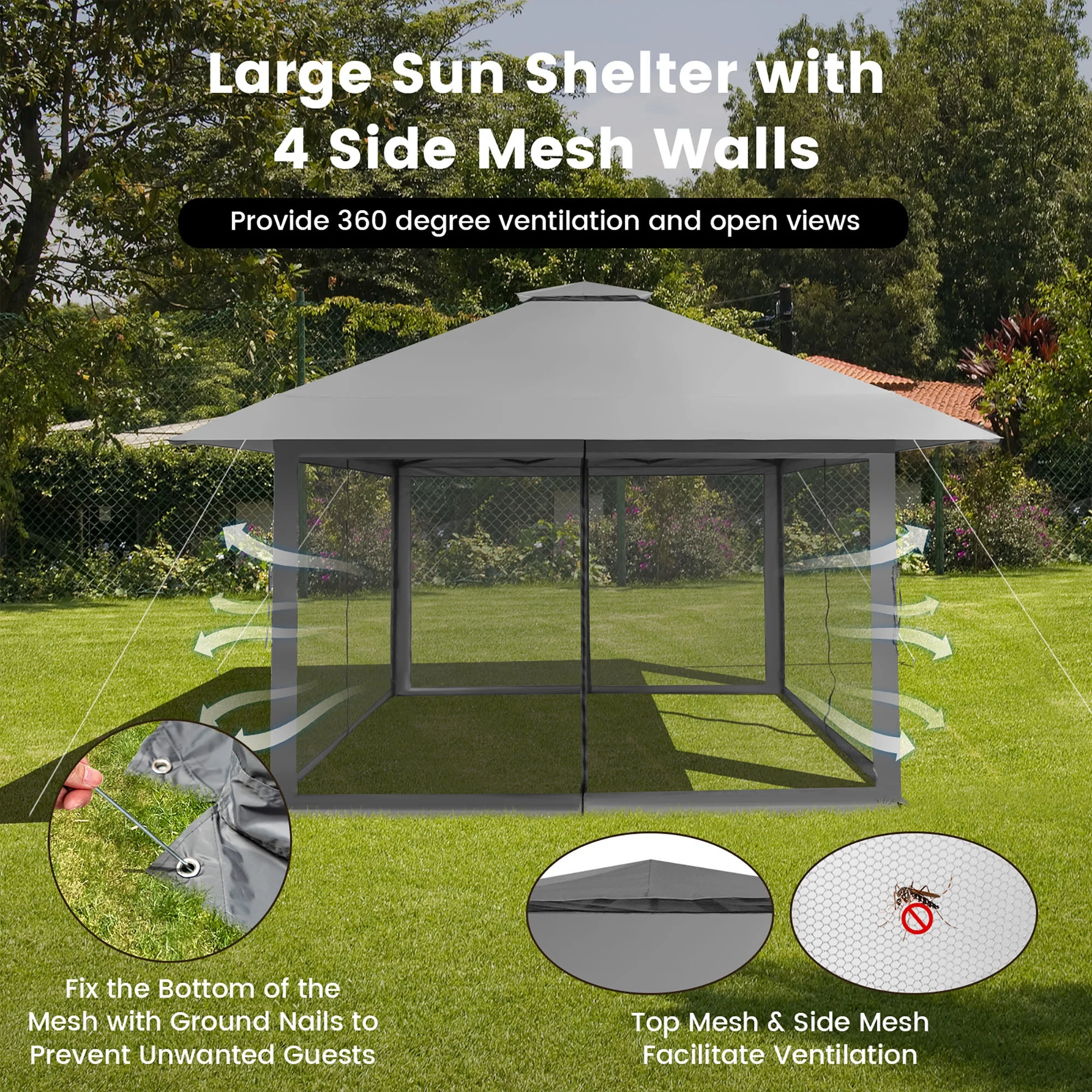Costway 13x13ft Pop-up Instant Canopy Tent Mesh Sidewall UV50+ Adjust Outdoor Patio Khaki - Image 15