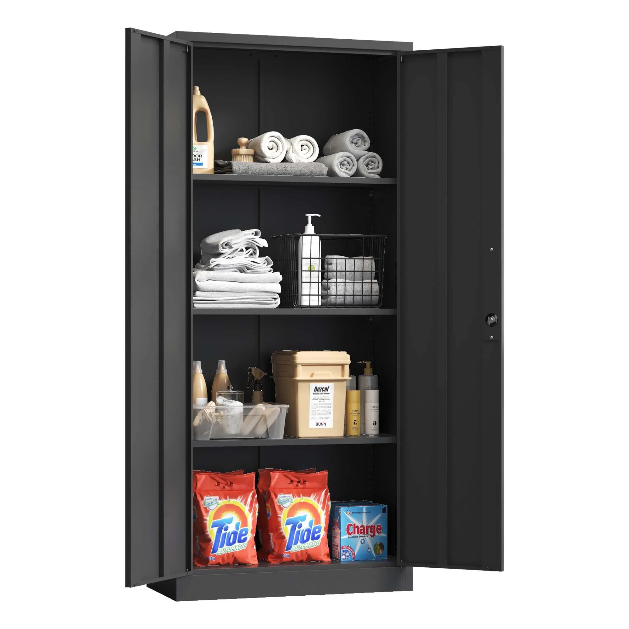 DUOSONG 71"H Metal Garage Storage Cabinet, Black Tool Steel Locking Cabinet With Doors And 3 Shelves, Tall Cabinets For Garage Storage Systems Lockable File Cabinet For Home Office, Classroom/Pantry - Image 6