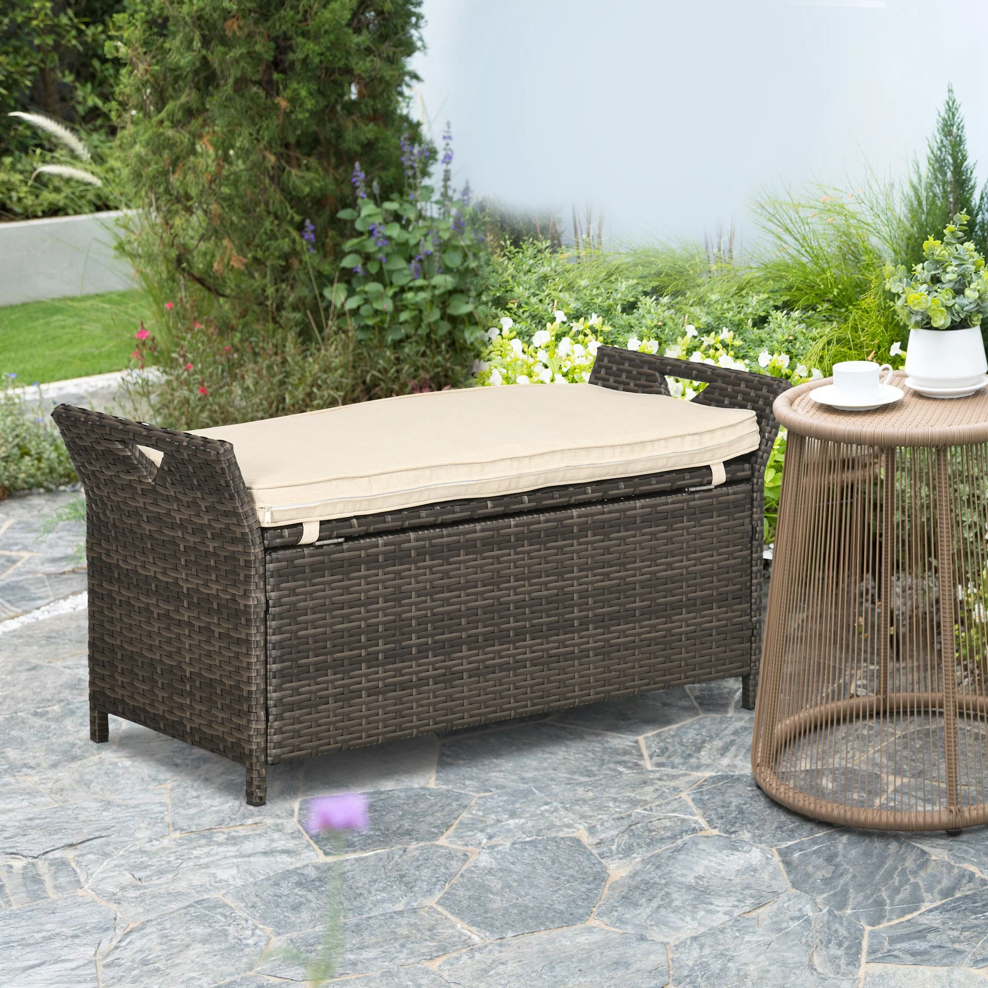 DUOSONG Outsunny 27 Gallon Patio Wicker Storage Bench, Outdoor Pe Rattan Patio Furniture, 2-In-1 Large Capacity Rectangle Garden Storage Box With Handles And Cushion, Cream White Brown+White Steel - Image 12