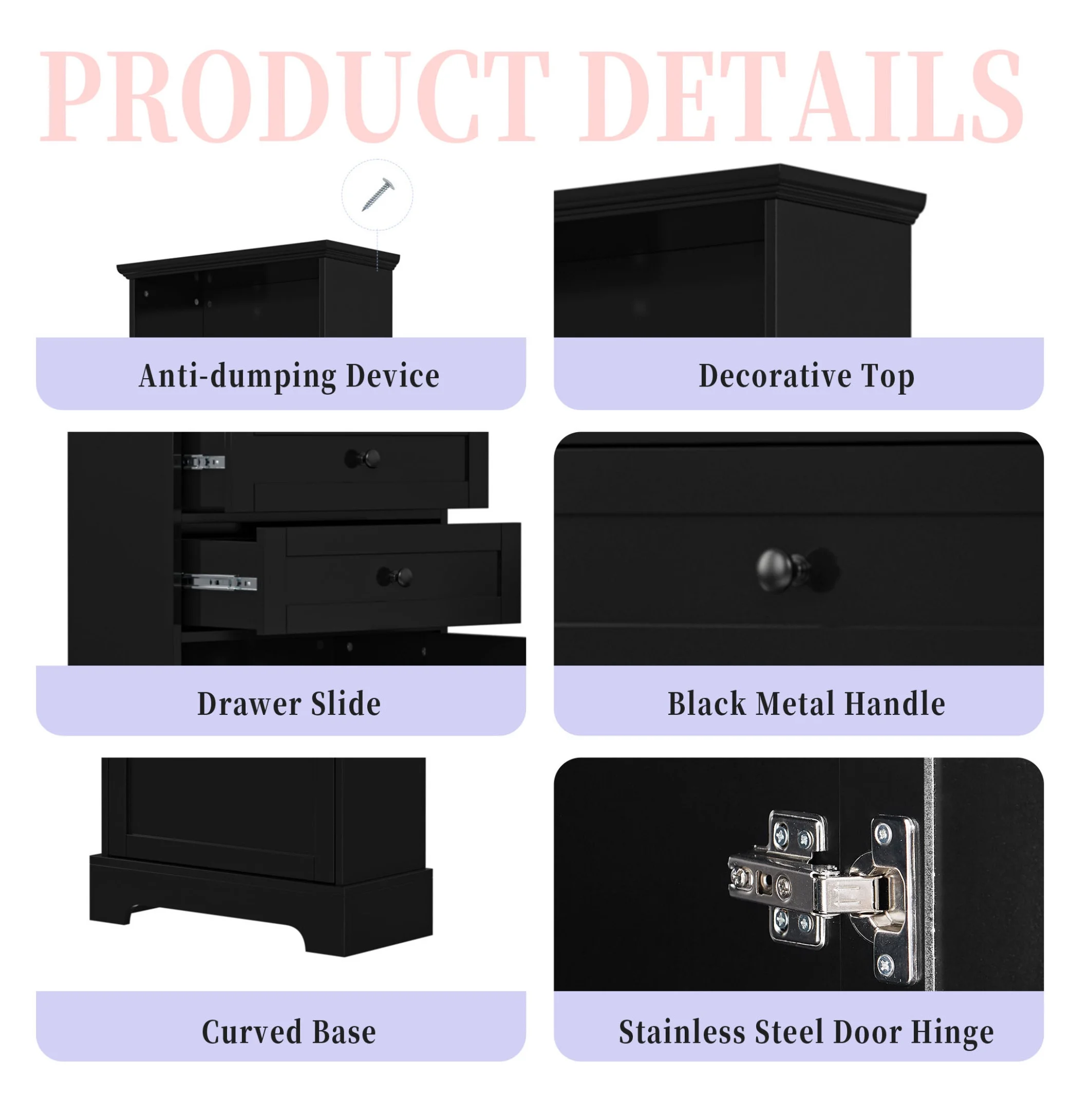 Black Tall Storage Cabinet with 3 Drawers and Adjustable Shelves for Bathroom, Study, Office and Interior, MDF Board with Painted Finish Black + MDF - Image 6